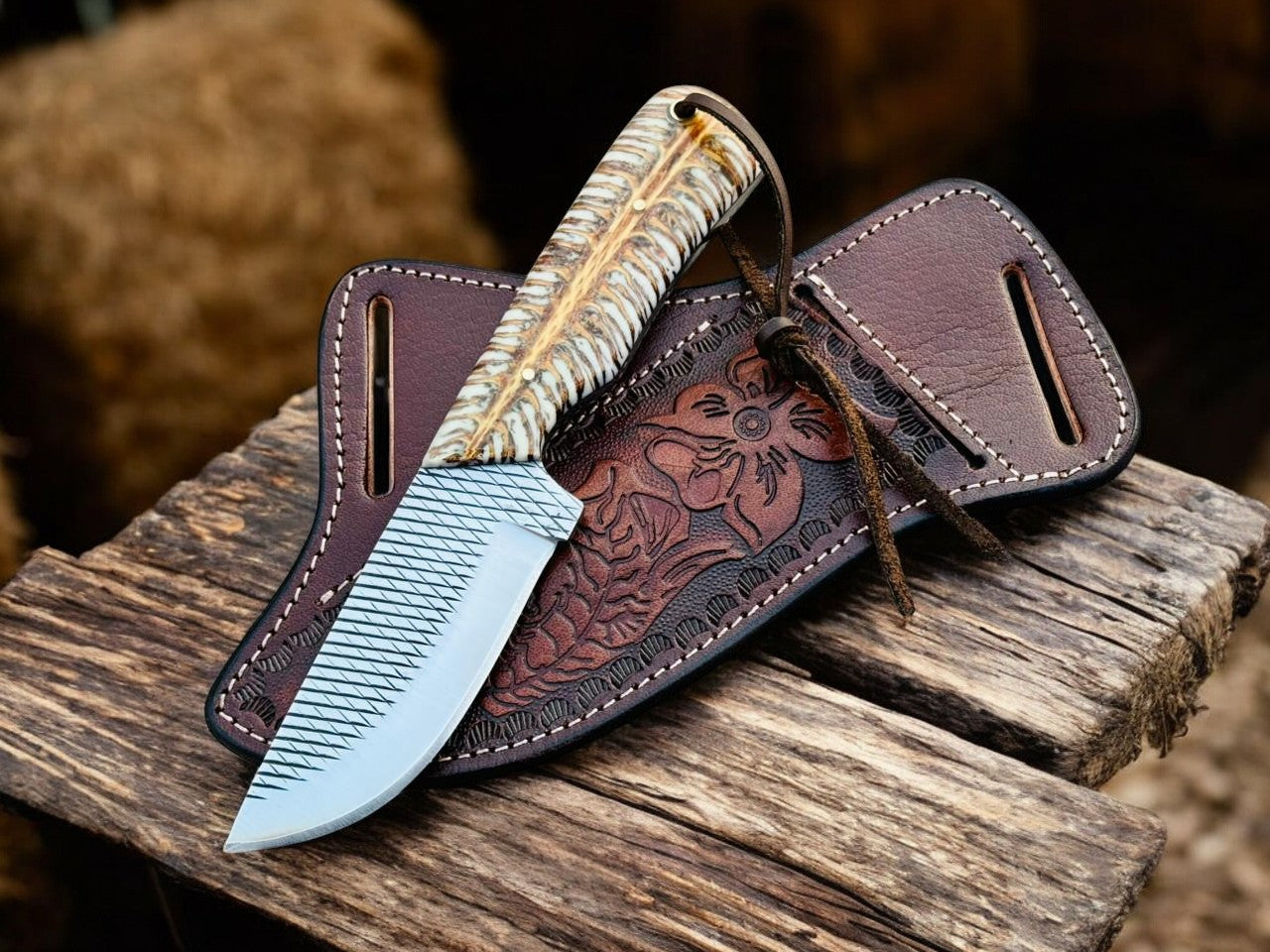 Best Ranch Cowboy Knife – 4" Rasp Steel Blade with Cross-draw Sheath