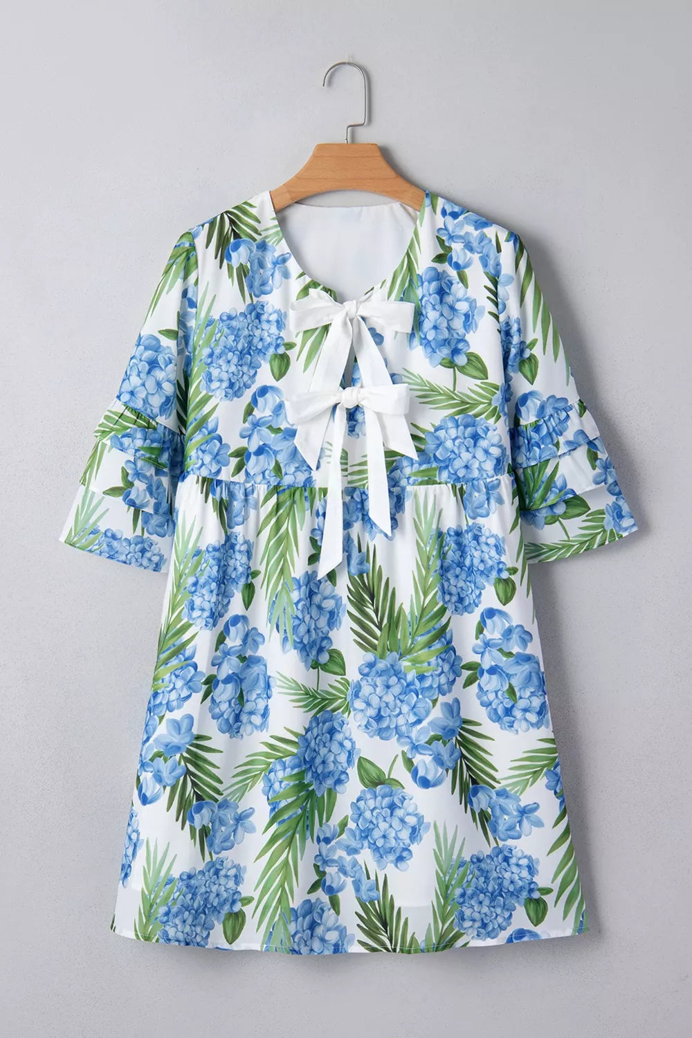Palm Floral Print Contrast Ribbon Knot Ruffle Tiered Sleeve Mini Dress
