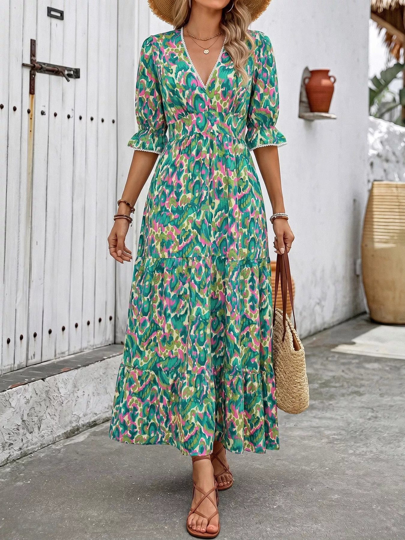 Printed V-Neck Flounce Sleeve Dress