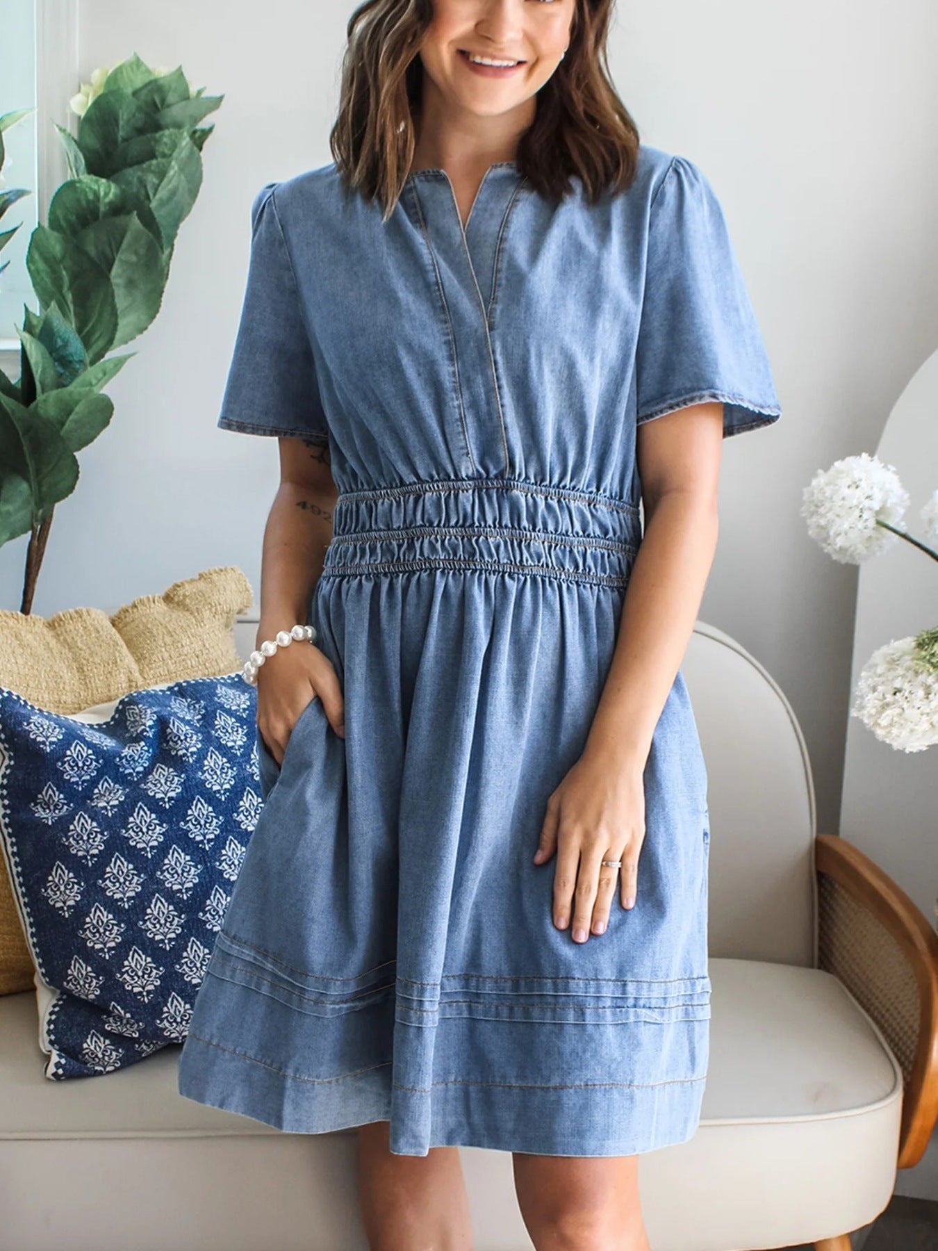 Notched Short Sleeve Denim Dress