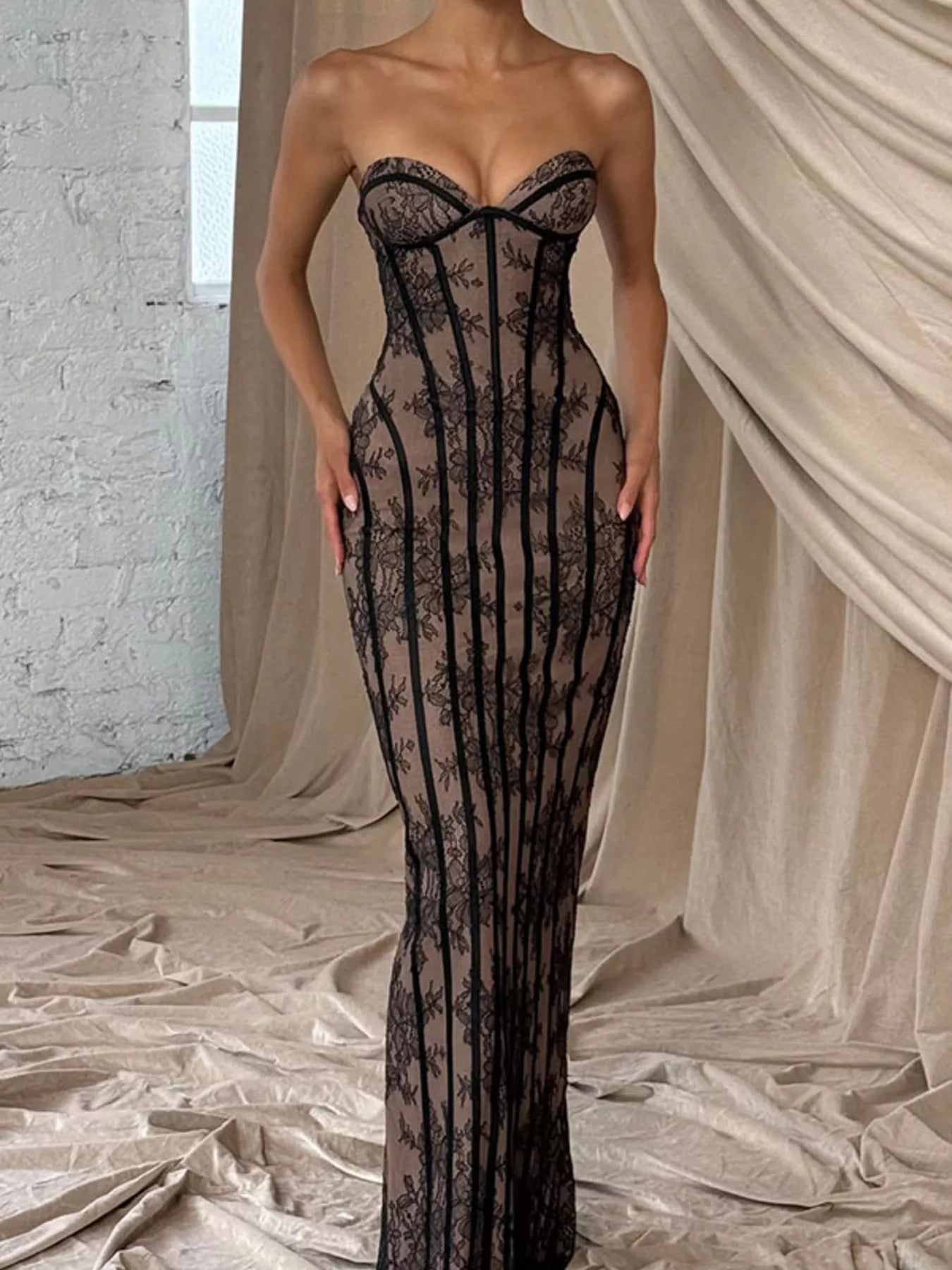 Lace Up Back Strapless Maxi Dress