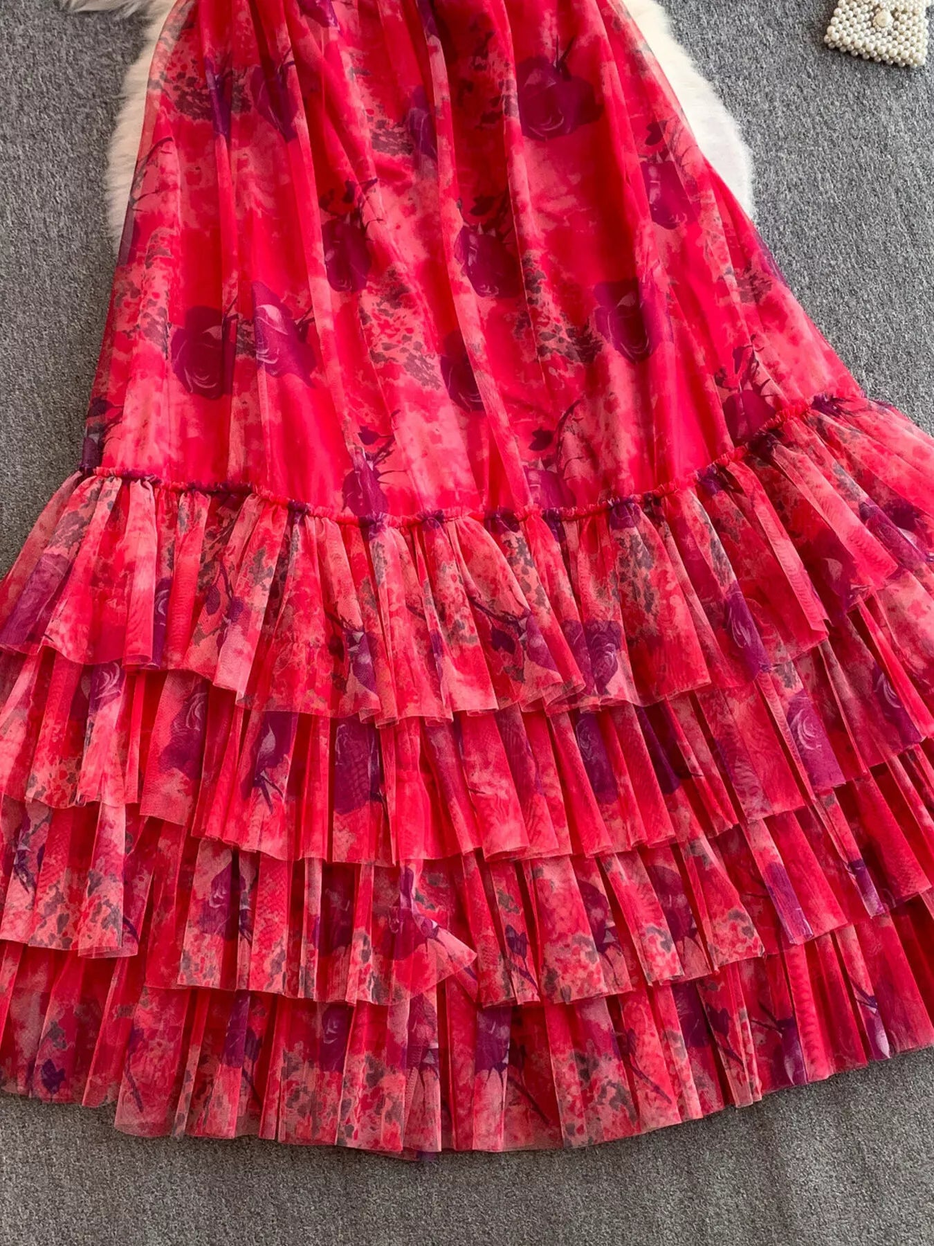 Floral Print Ruffled Layered Mesh Dress