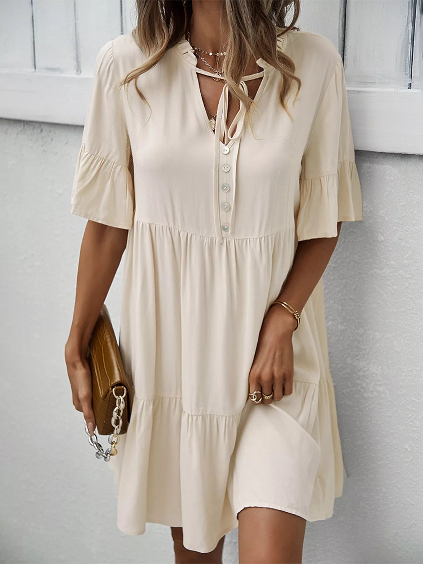 Boho Ruffle Sleeve Button Down Tiered Mini Dress