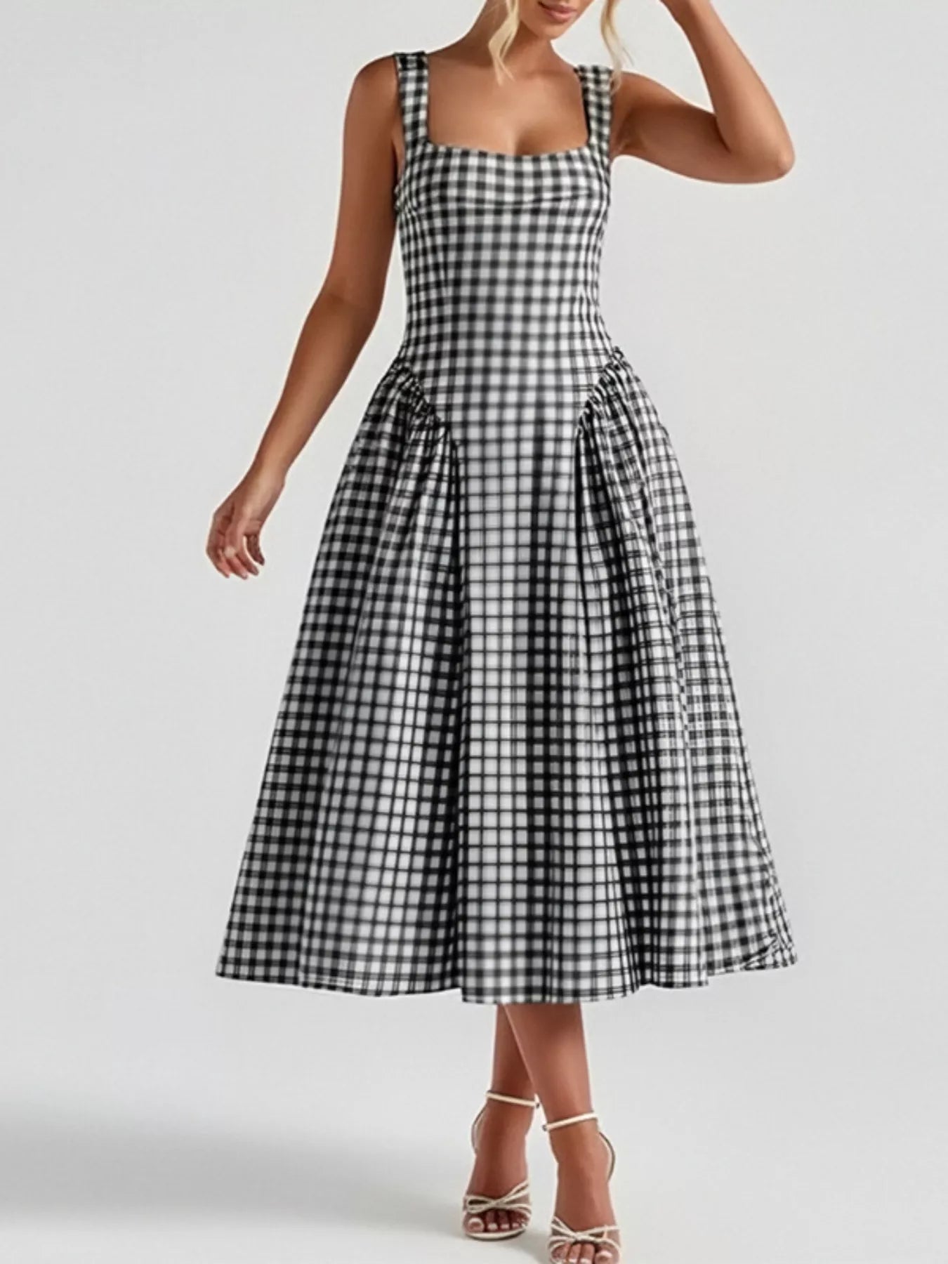 Full Size Plaid Square Neckline Midi Dress Plus Size