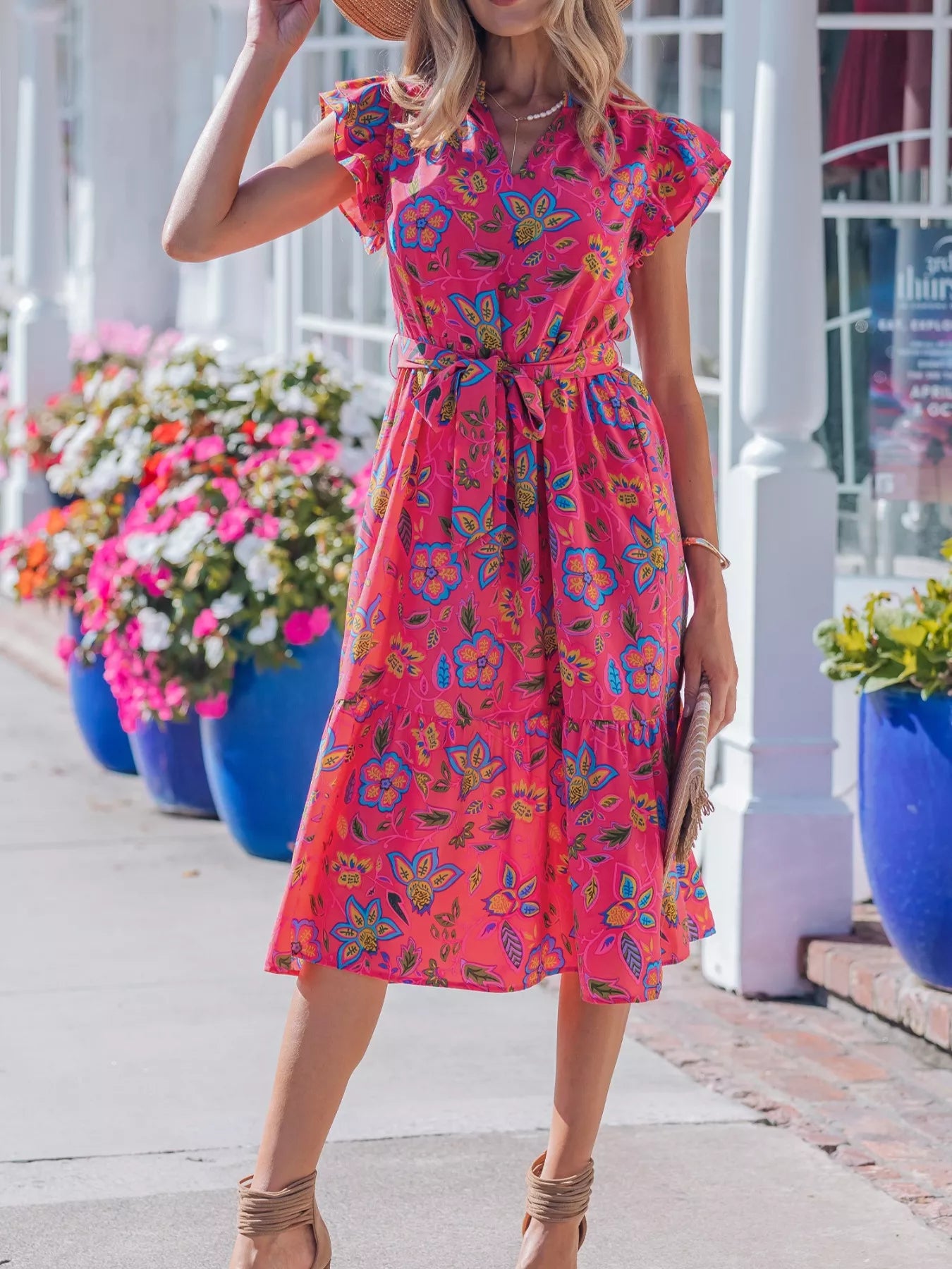 Flutter Sleeve Belted Floral Dress