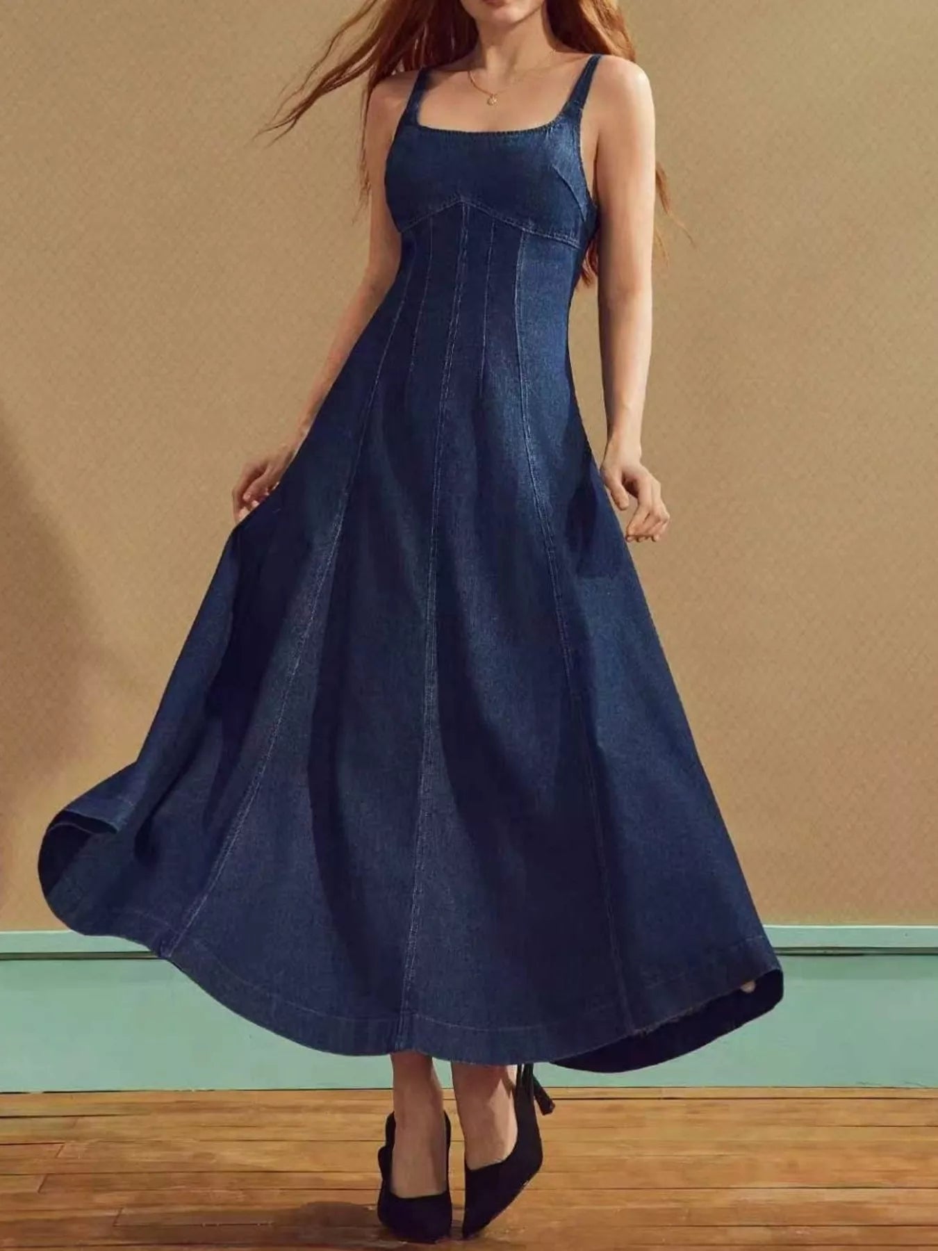 Square Neck A-Line Denim Dress