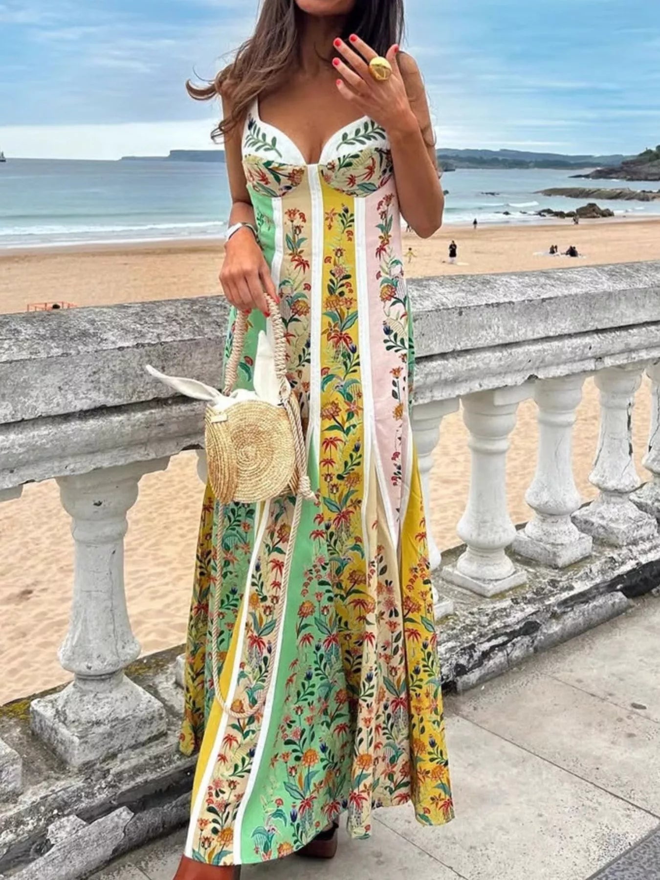 Floral Print Sweetheart Neck Maxi Dress