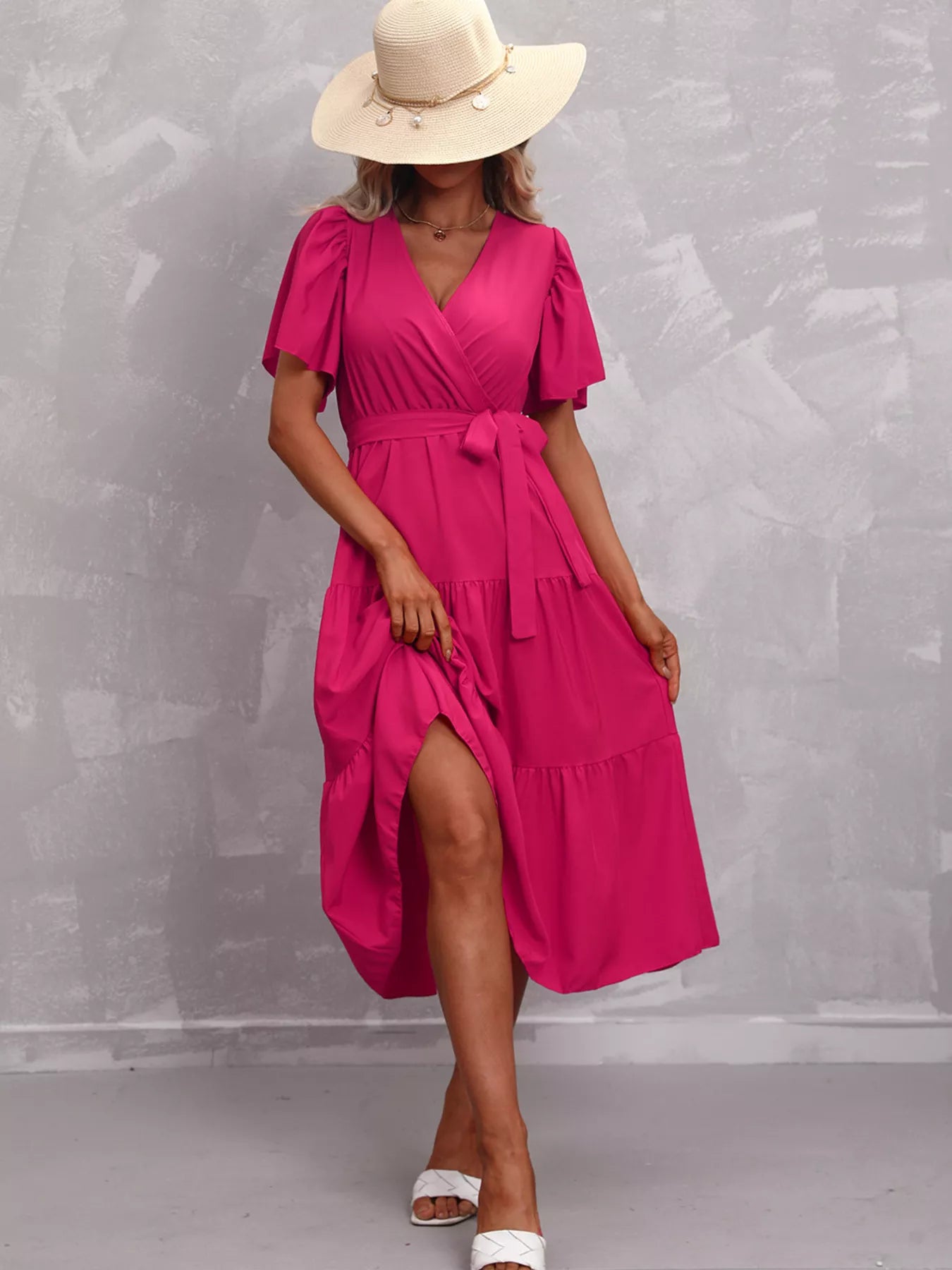 Flutter Sleeve Tiered Midi Dress