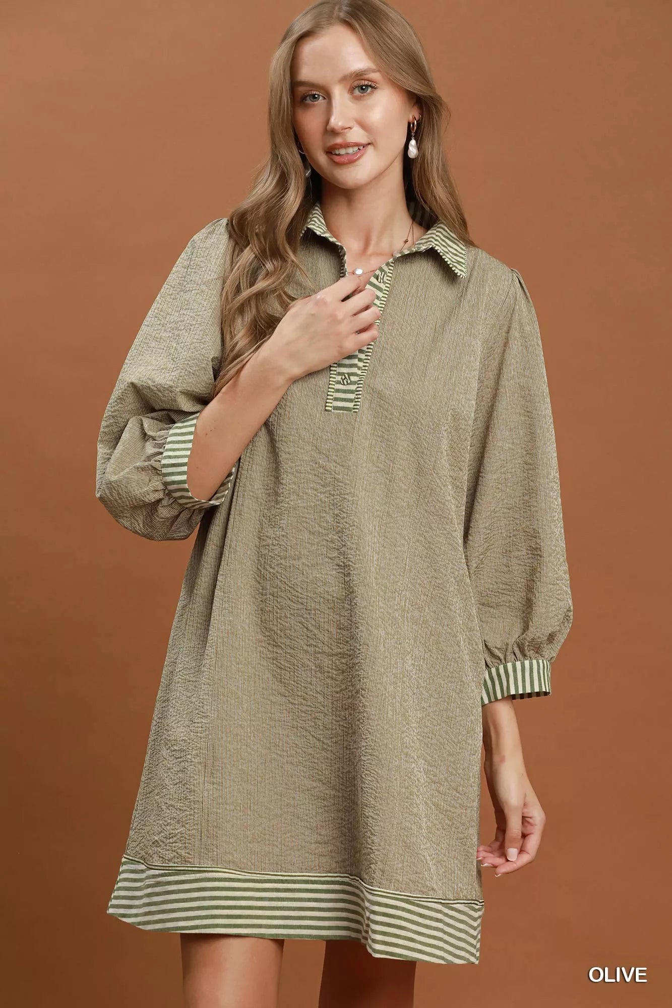 Umgee Striped Contrast Belted Puff Sleeve Mini Dress