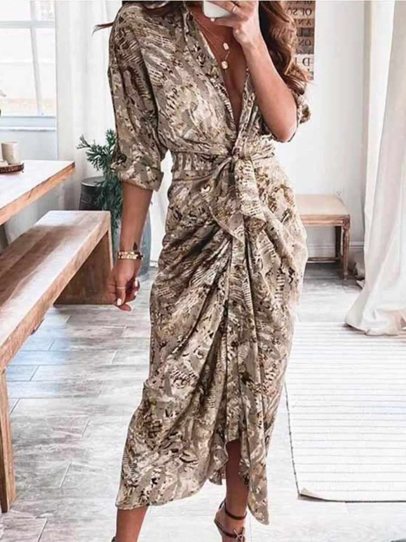 Tie-Waist Button-Down Midi Dress