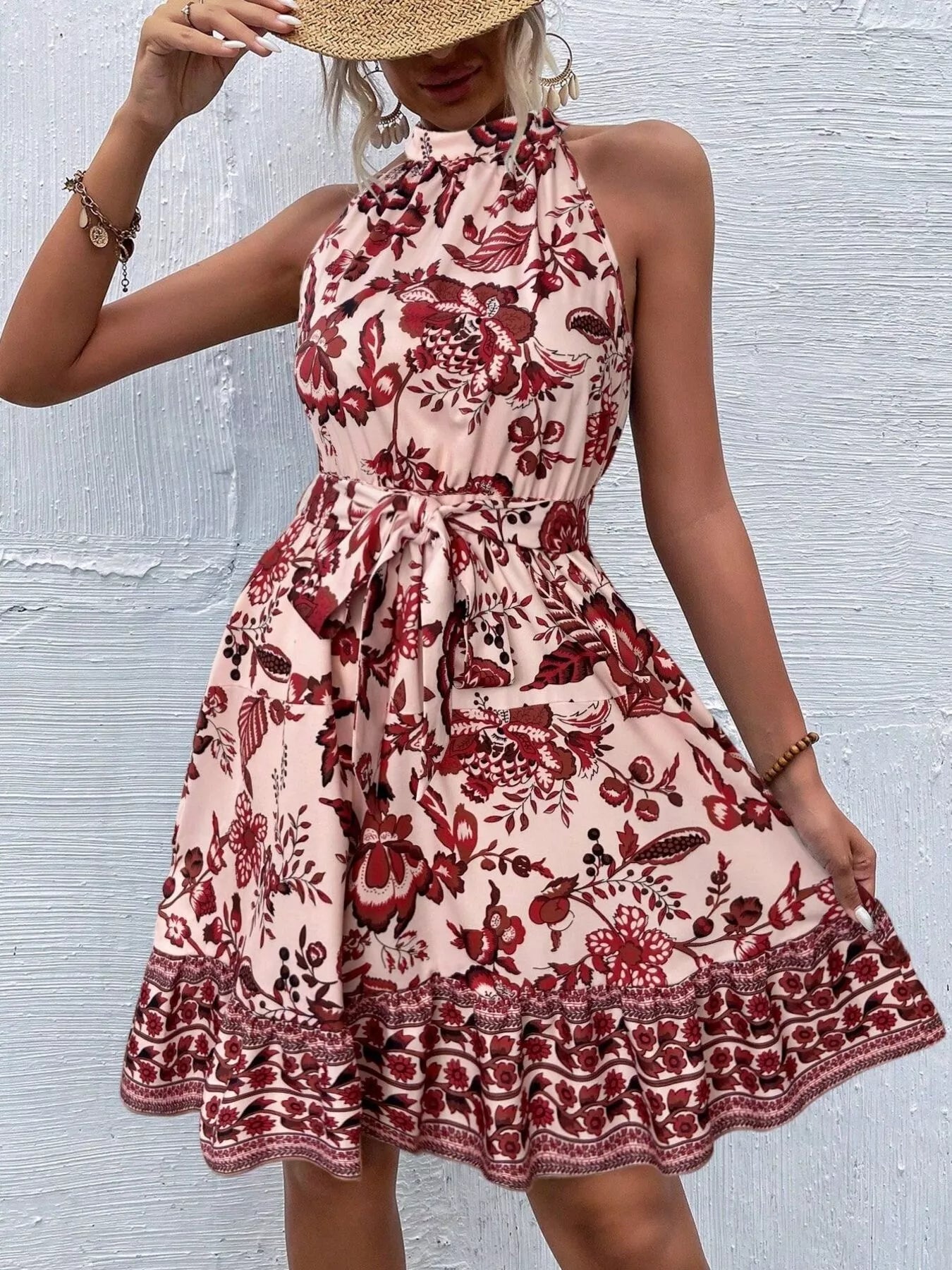 Printed Sleeveless Tie Waist Dress