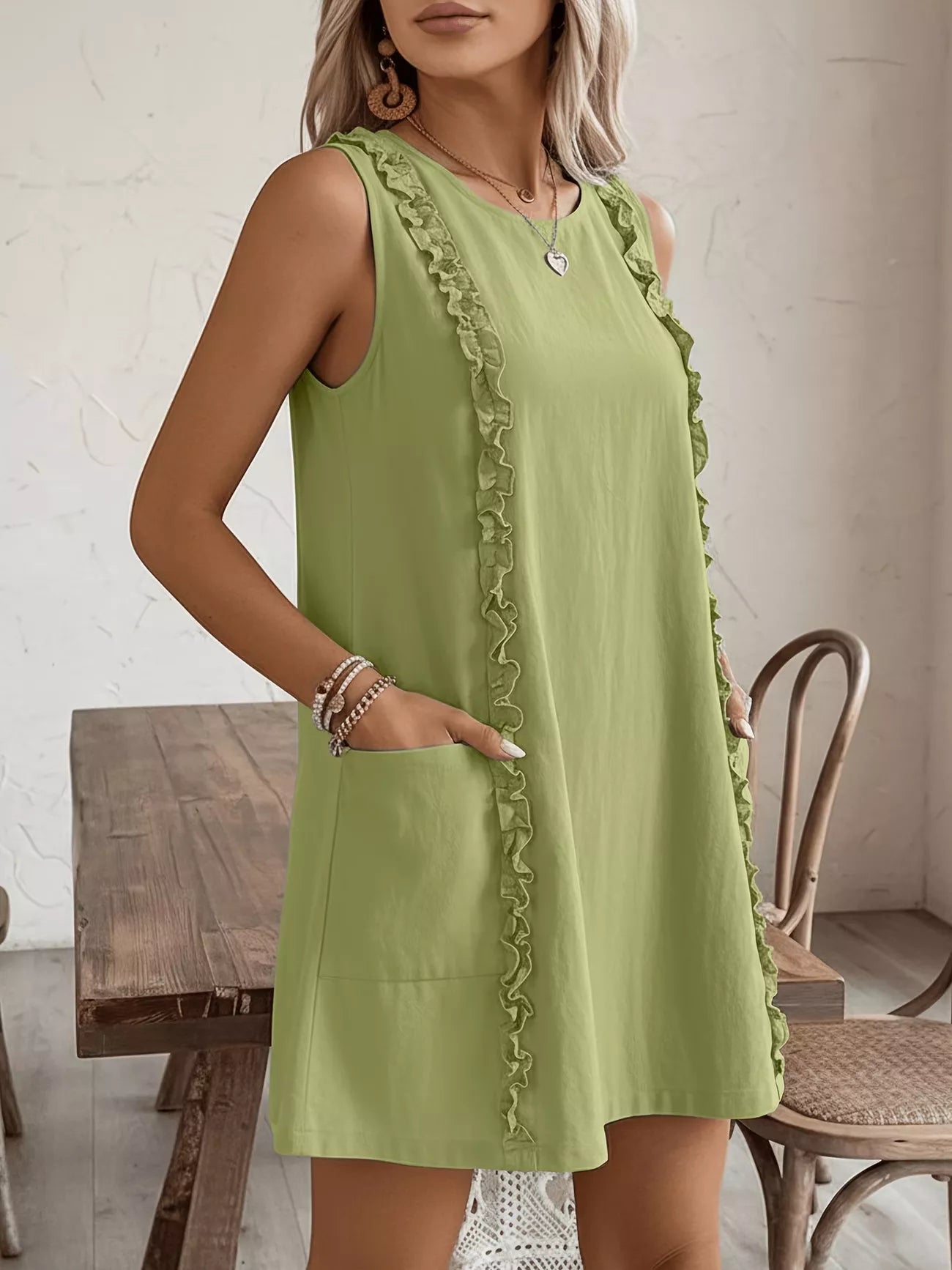 Frill Sleeveless Round Neck Dress