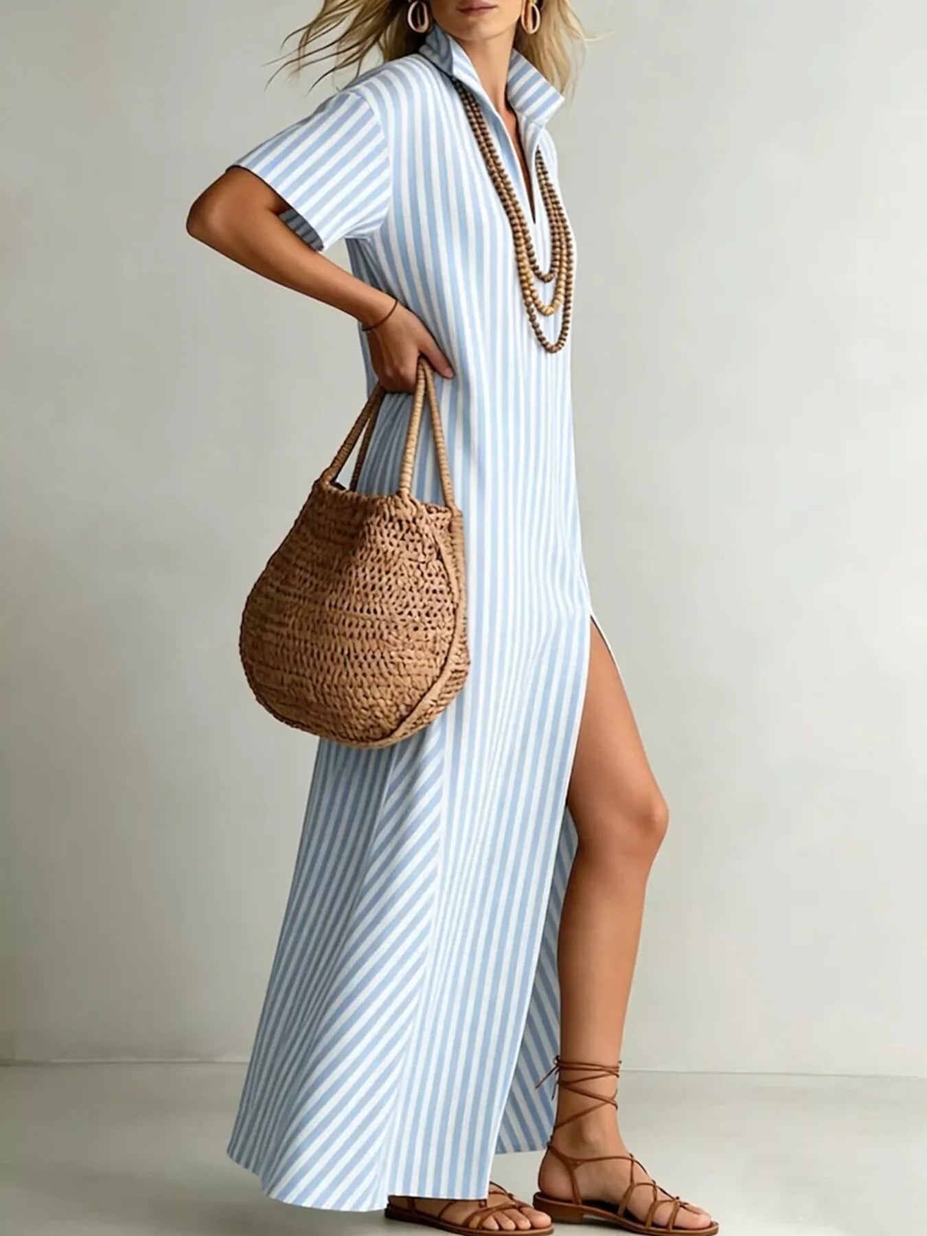 Striped High Slit Maxi Shirt Dress