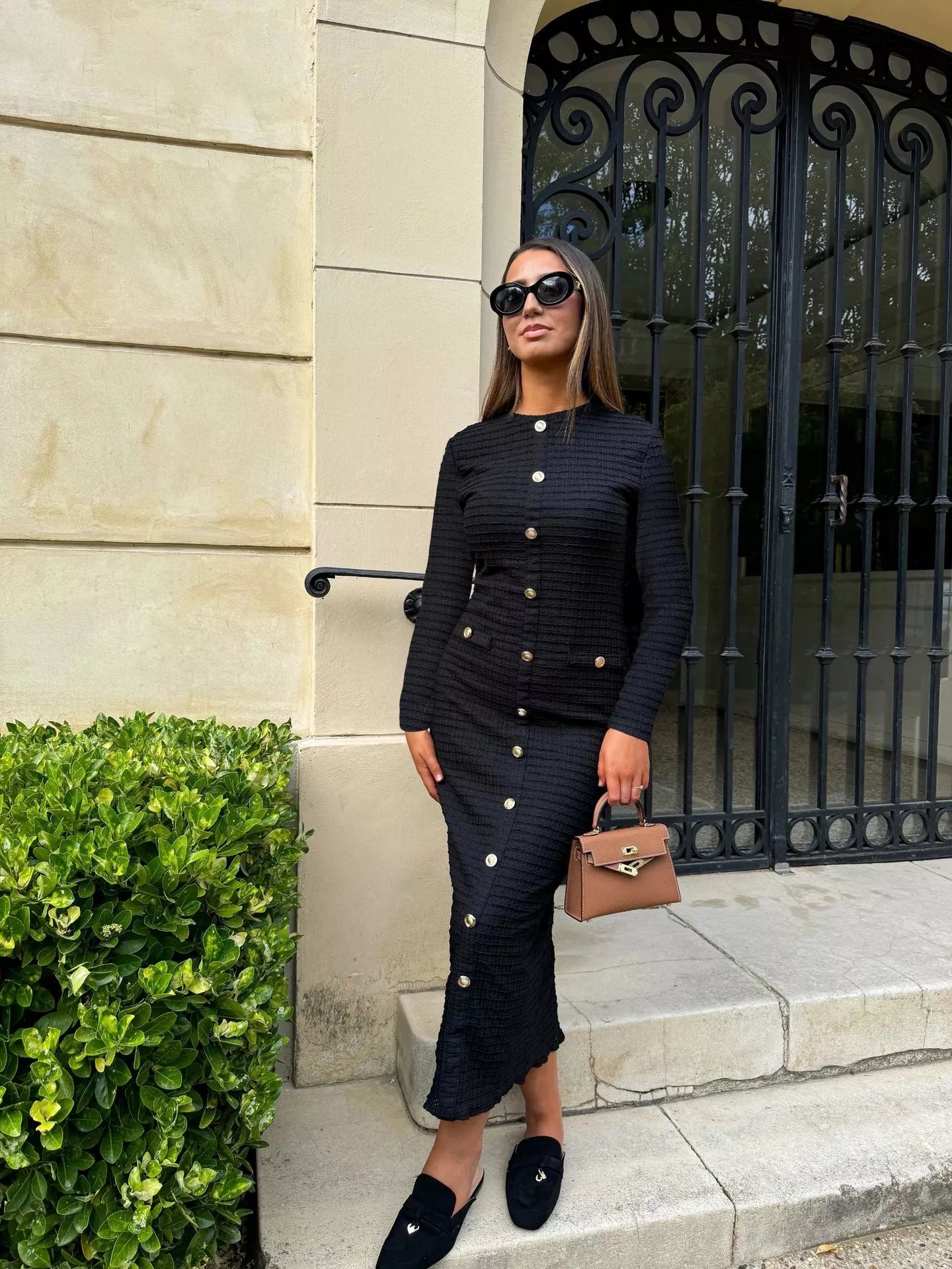 Textured Decor Button Midi Dress