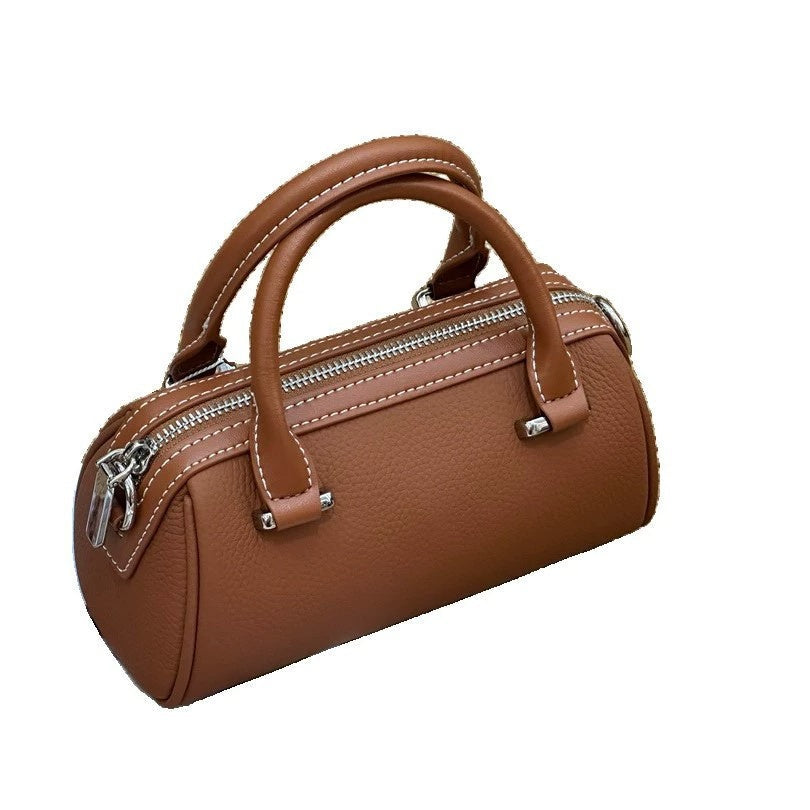 Cross-border Top-grain Leather Boston Pillow Bag, Single-shoulder, Crossbody Small Bag, Versatile Genuine Leather Women's Handbag