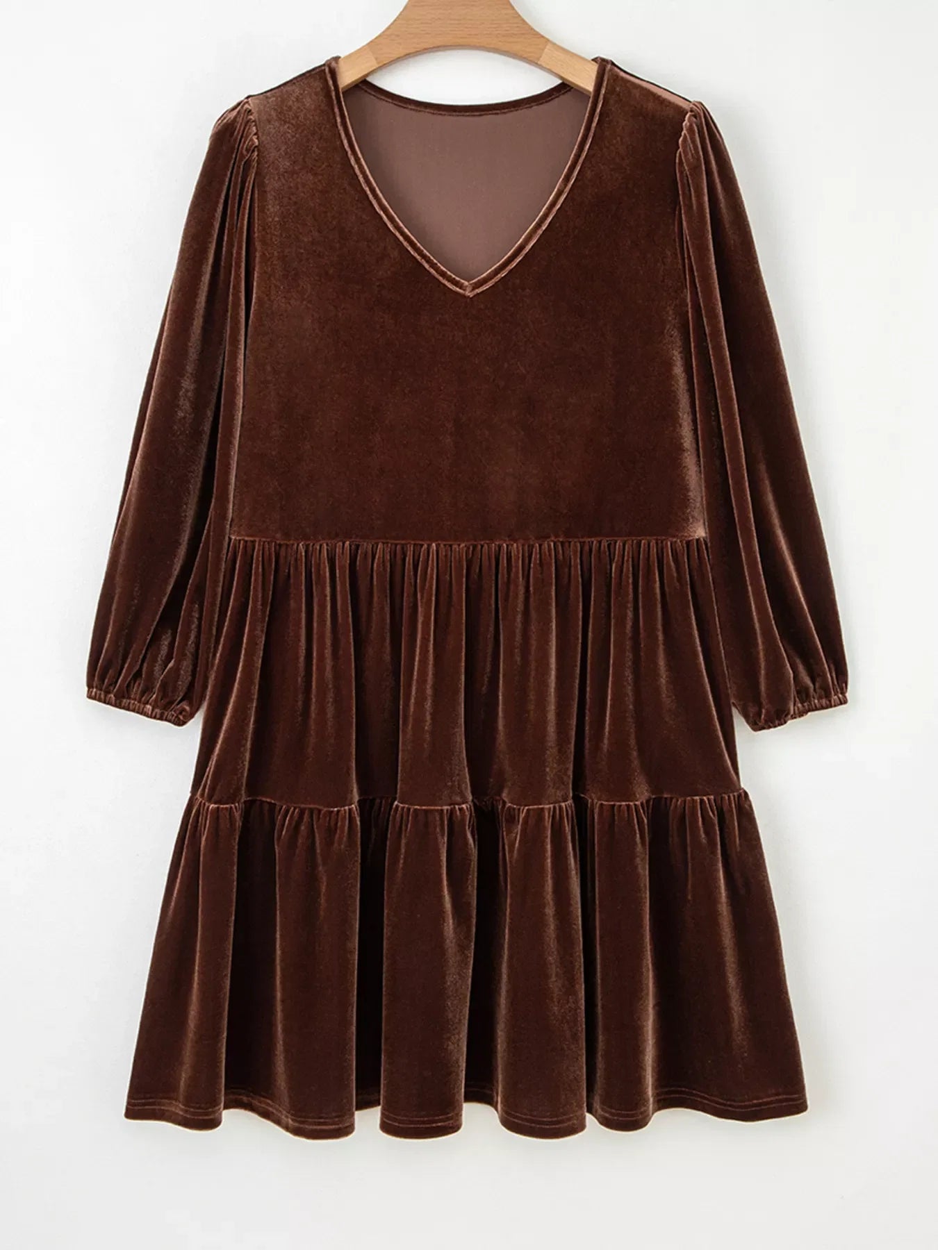 Solid Color Velvet V Neck Long Sleeve Tiered Mini Dress
