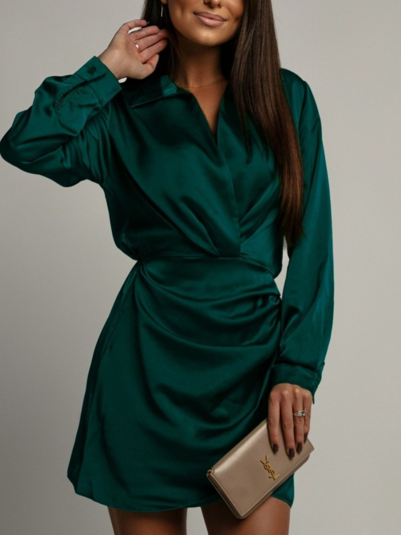 Collared Neck Long Sleeve Satin Dress