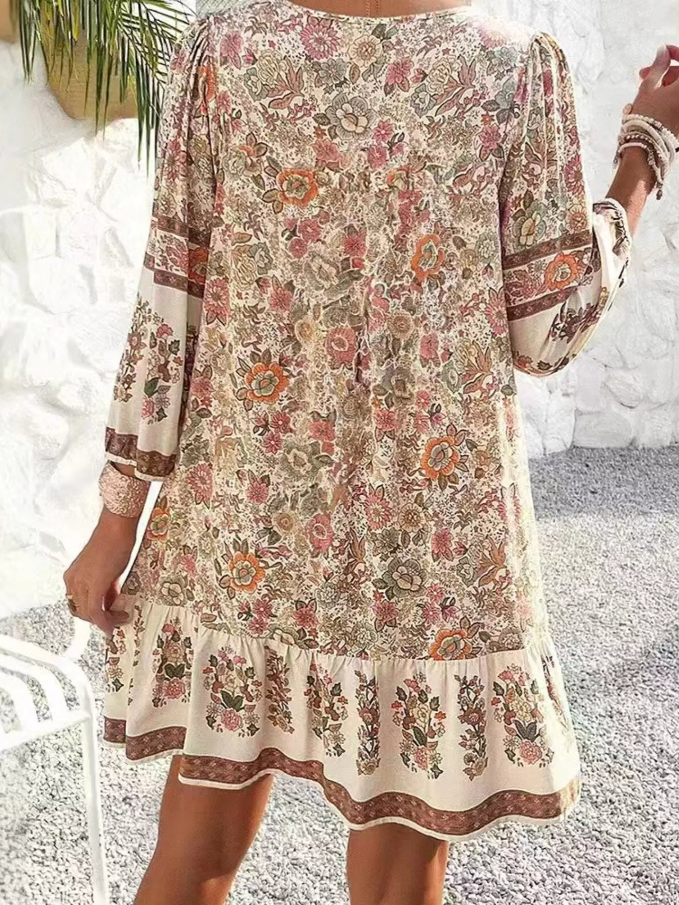 Floral Print Tassel Tie Neck Mini Dress