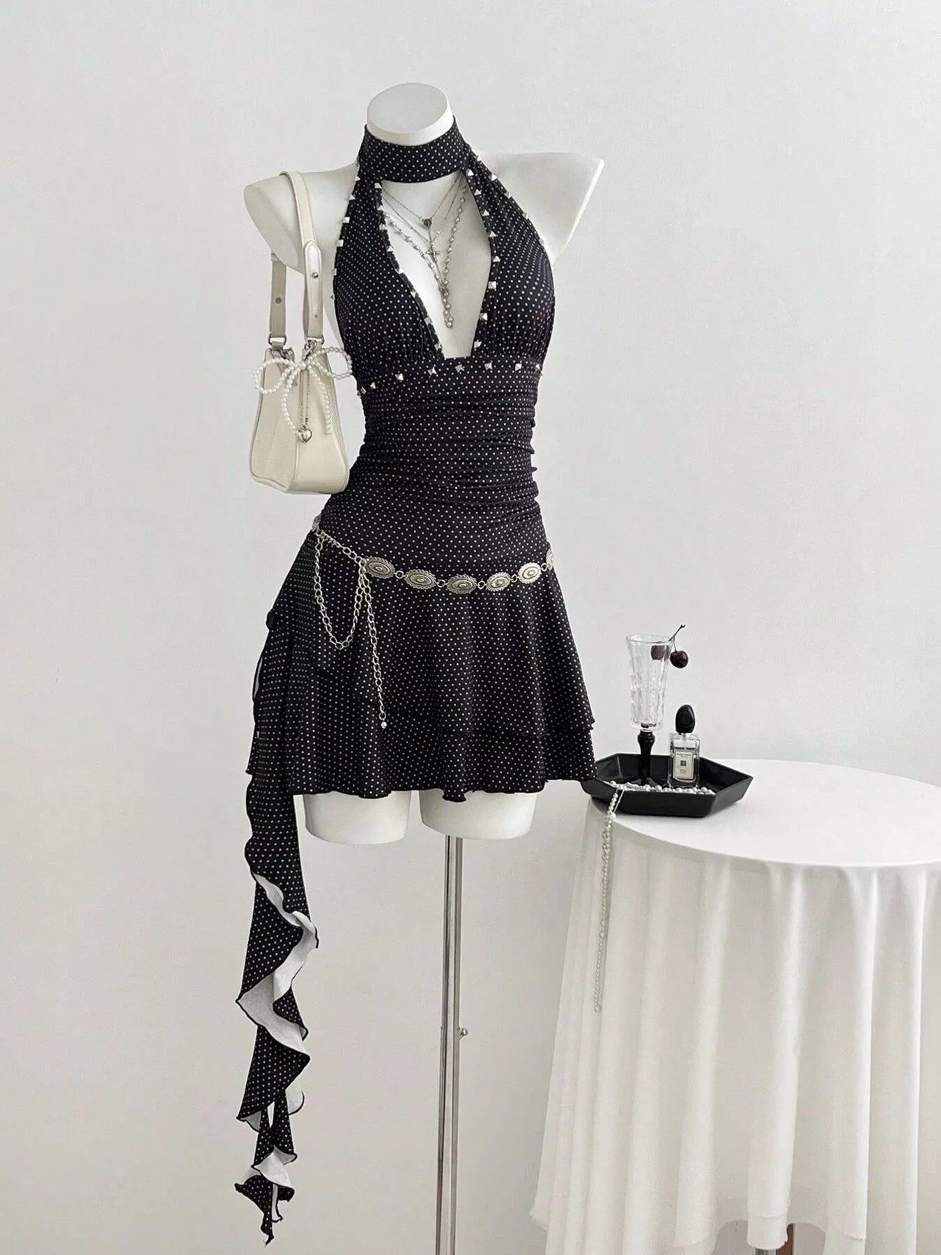 Polka Dot Cutout Front Halter Neck Dress