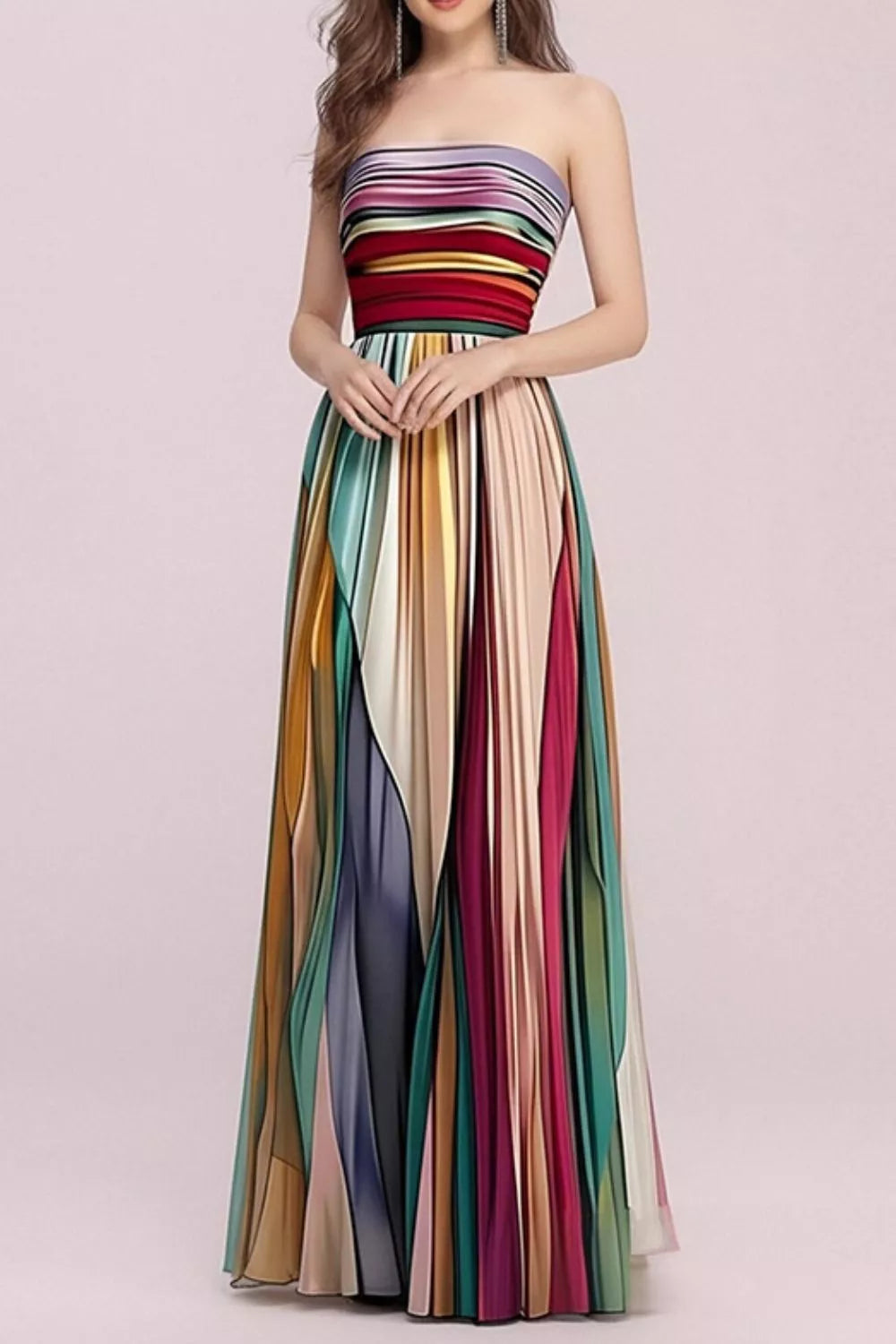 Striped Pleated Strapless Maxi Dress
