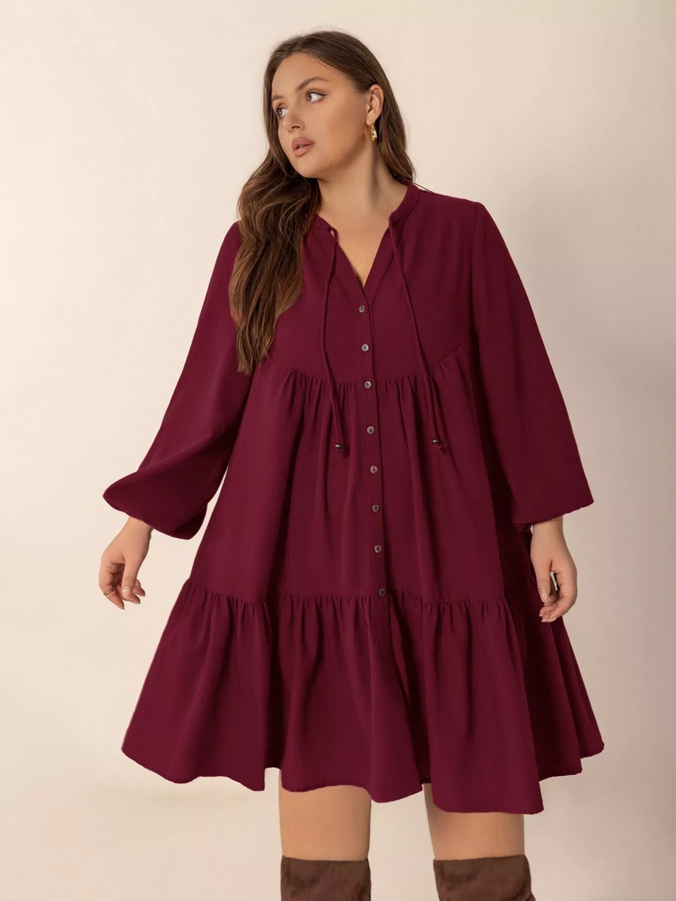 Plus Size Button Front Balloon Sleeve Dress
