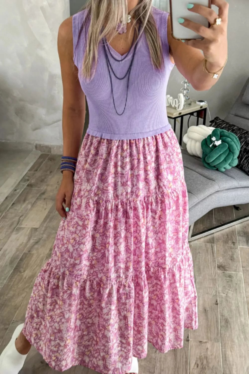 Ribbed V Neck Tank Floral Contrast Patchwork Dress