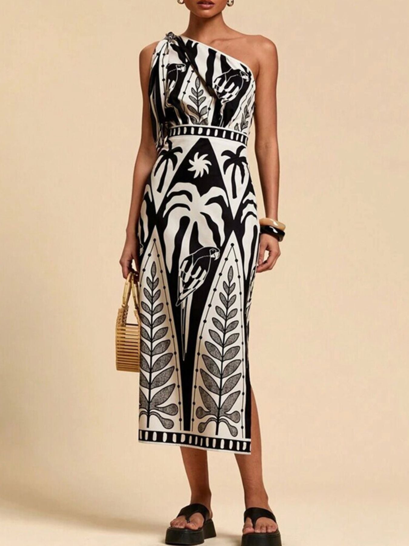 One-Shoulder Tropical Print Midi Dress