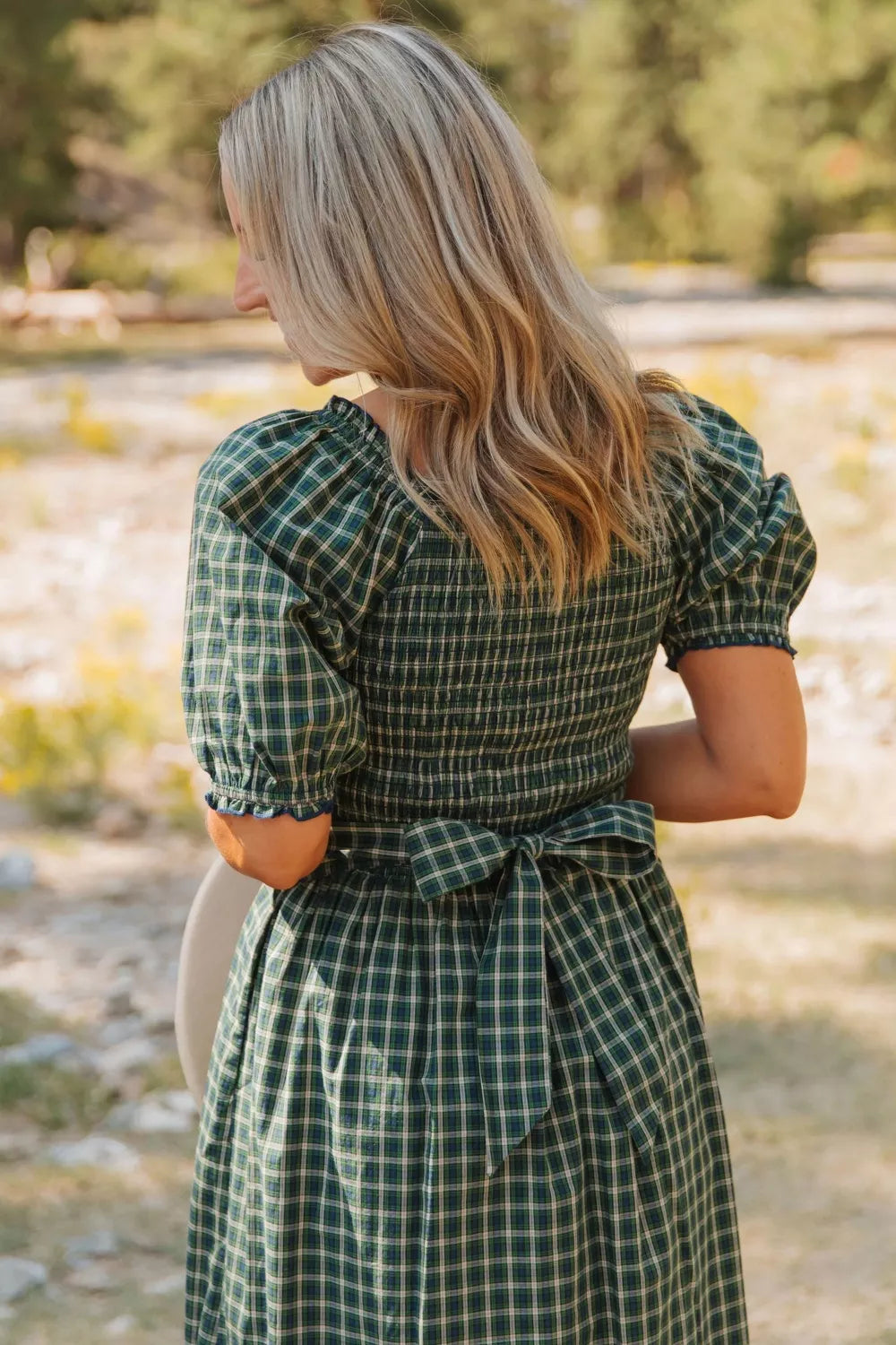 Plaid Square Neck Shirred High Waist Ruffle Hem Maxi Dress