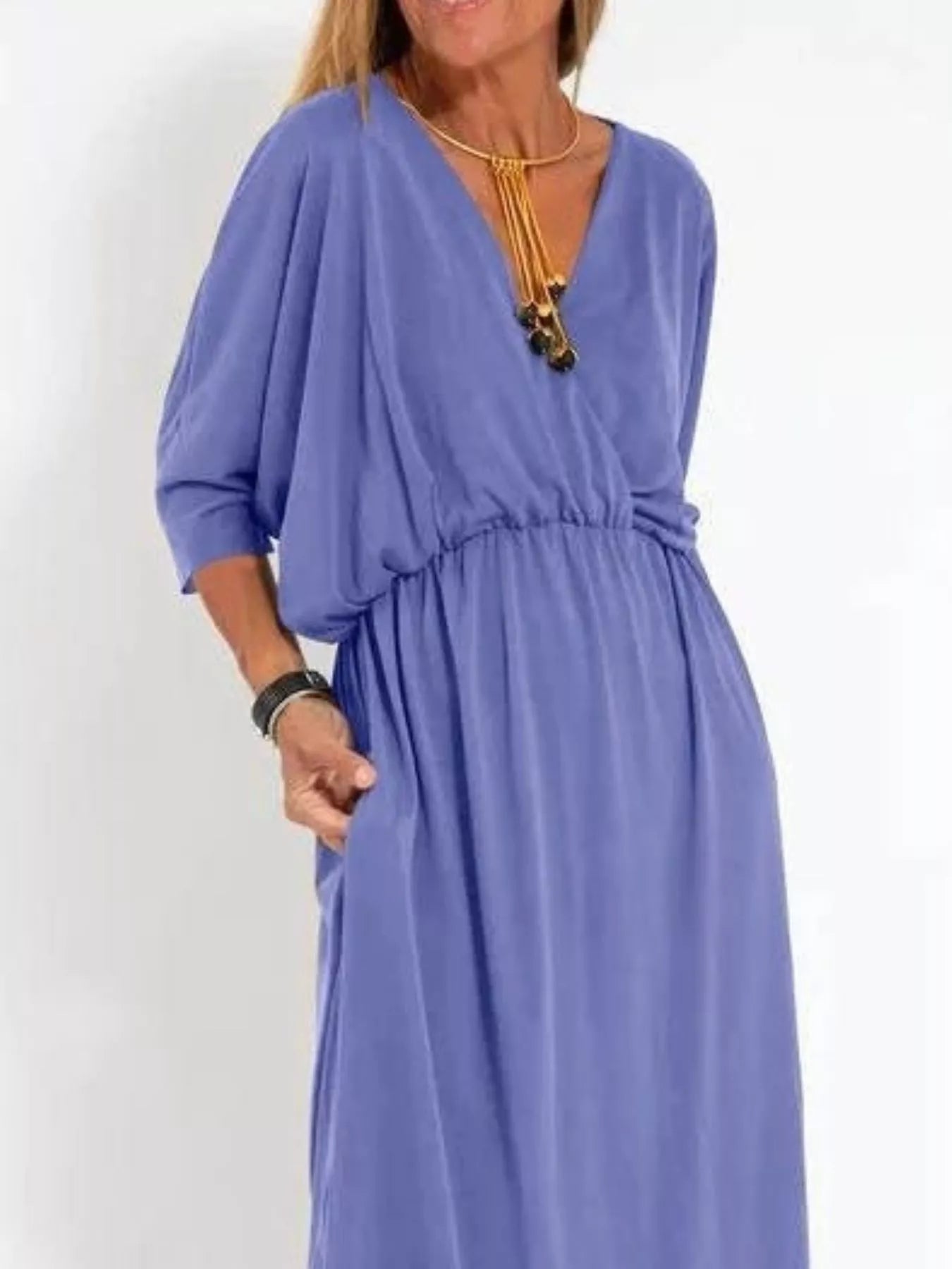 Full Size V-Neck Batwing Sleeve Maxi Dress with Side Slits Plus Size