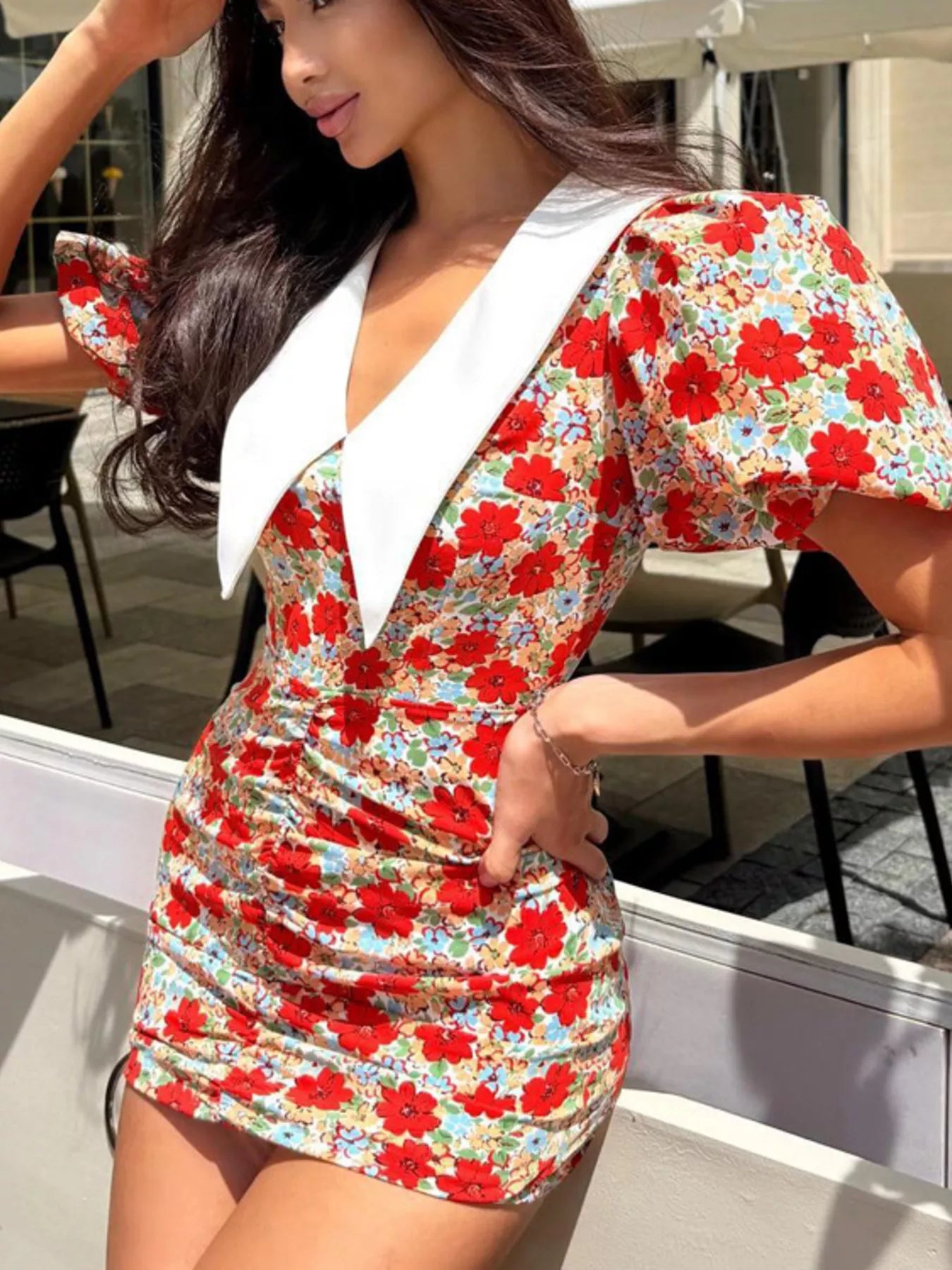 Ruched Floral Print Puff Sleeve Mini Dress