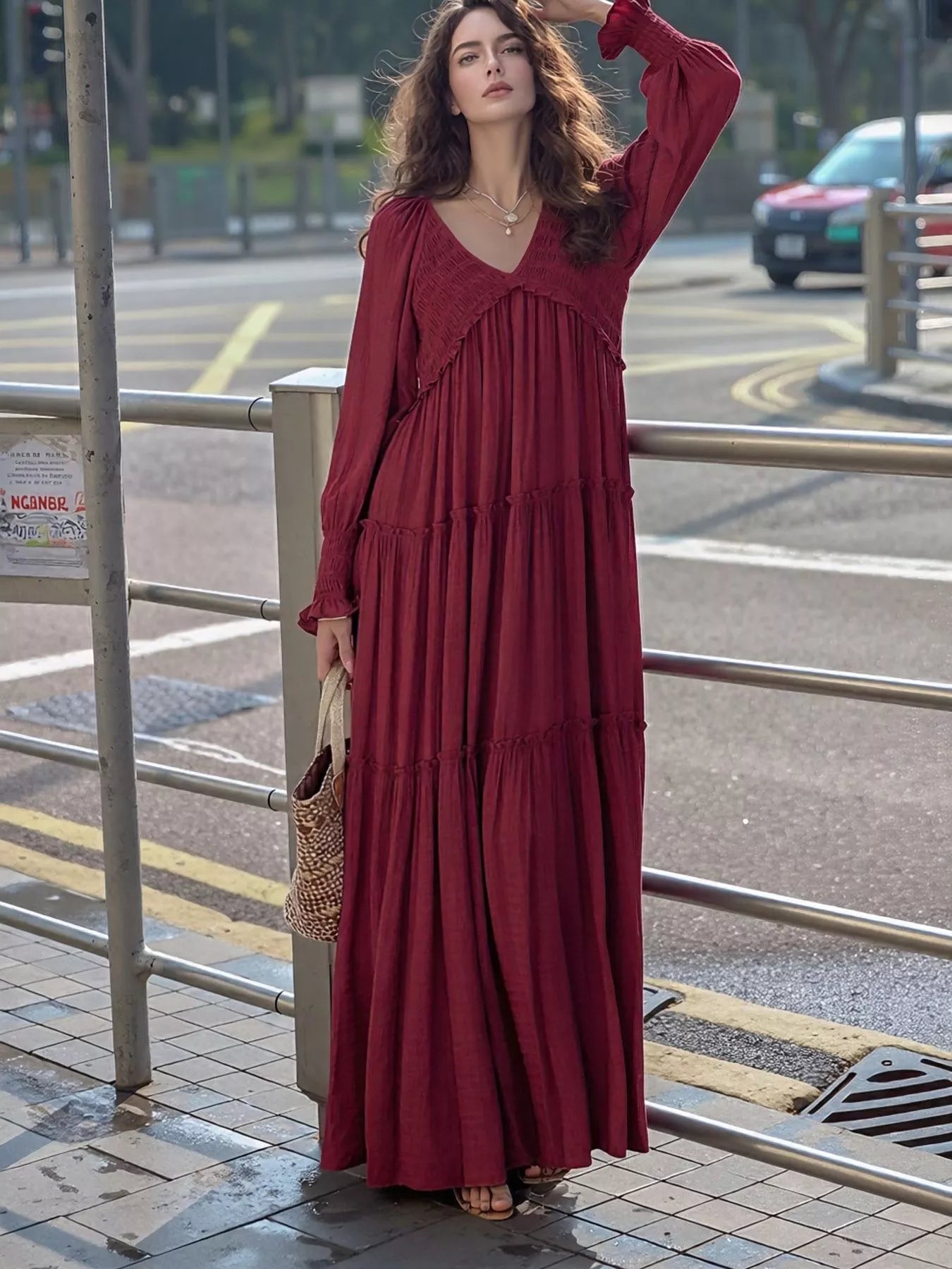 V-Neck Long Sleeve Tiered Maxi Dress