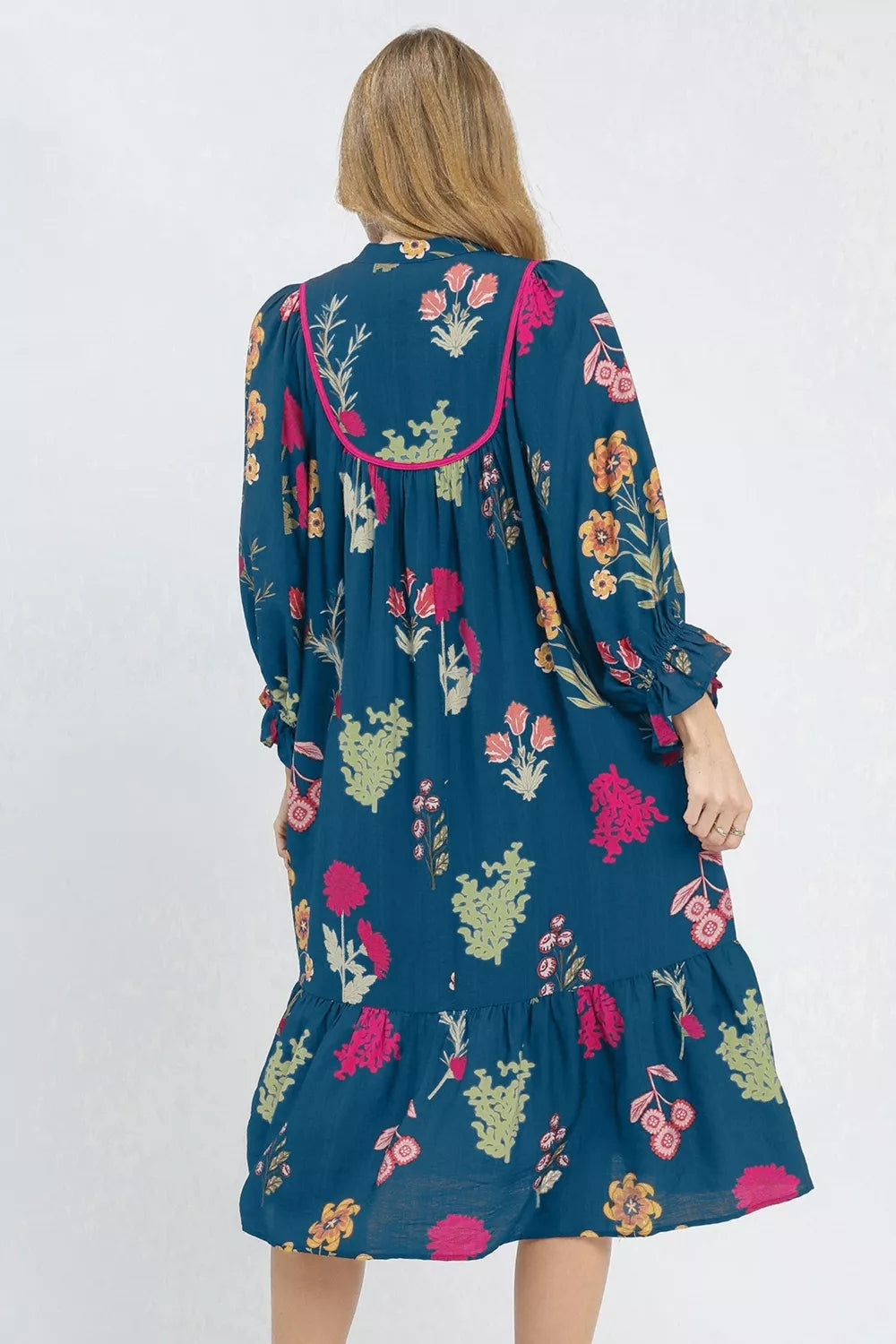 Floral Print Gathered Neckline 7/8 Sleeve Casual Midi Dress