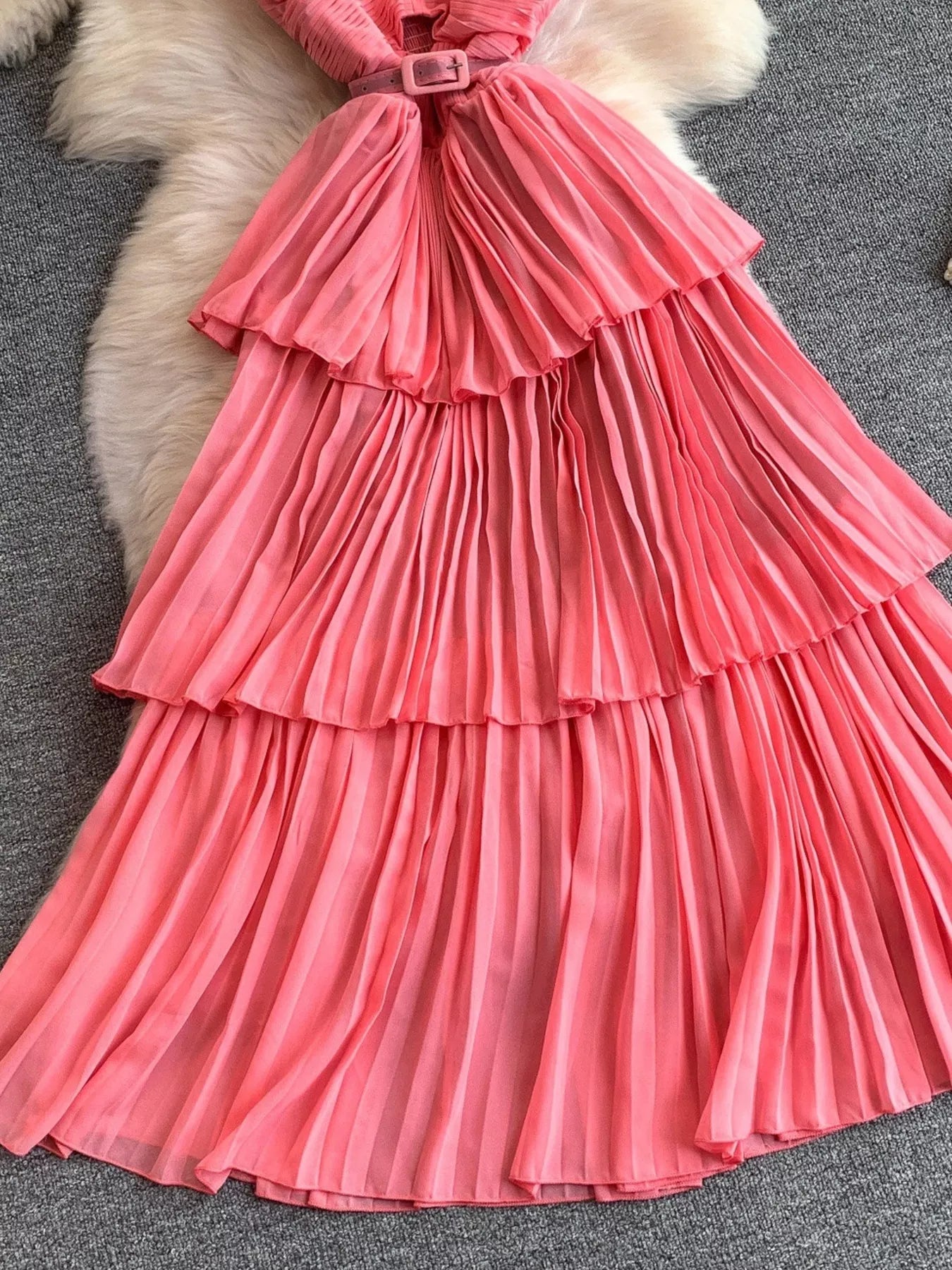 Pleated Layered Spaghetti Strap Midi Dress