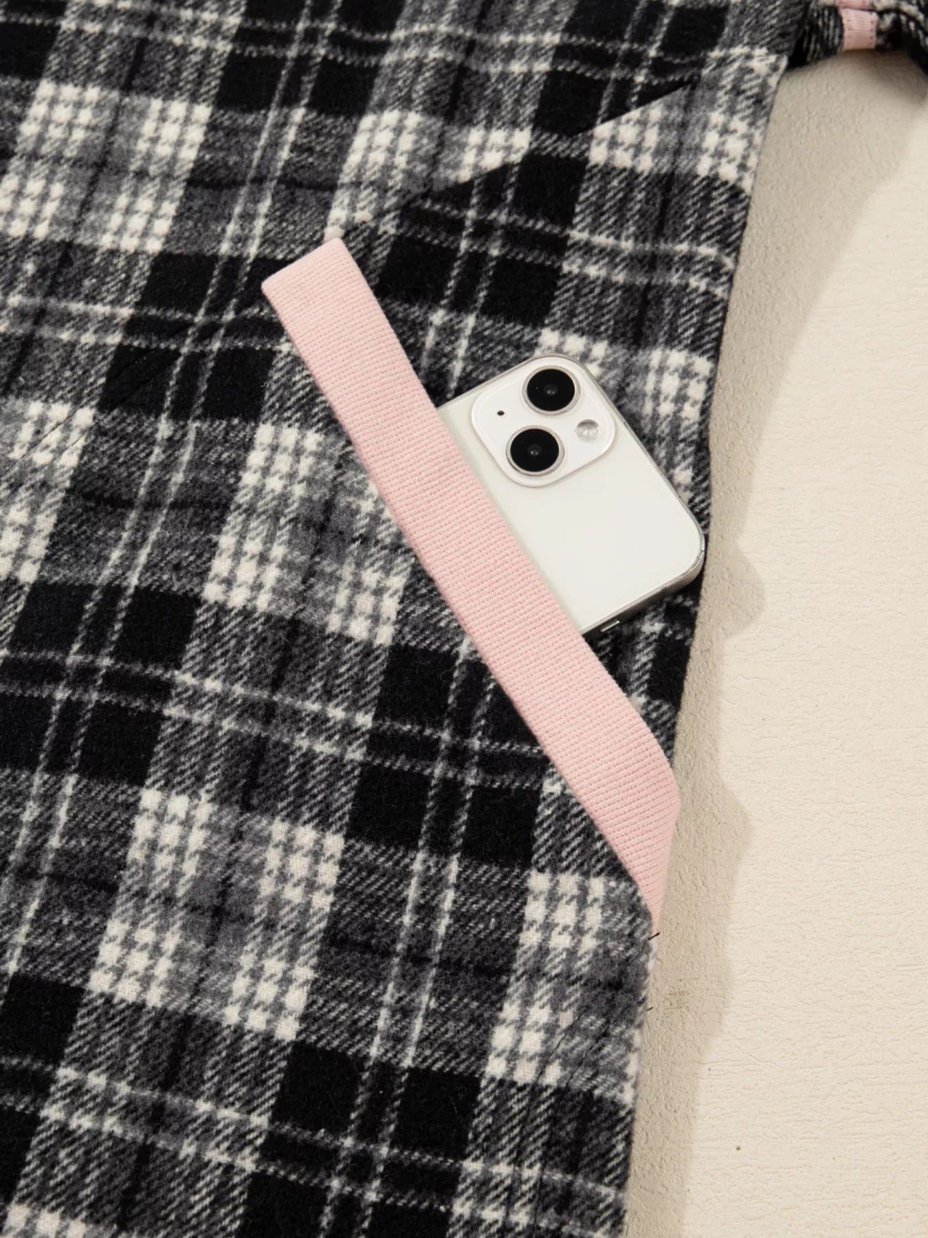 Plaid Polo Collar Zip up Contrast Trim Shift Long Sleeve Mini Dress