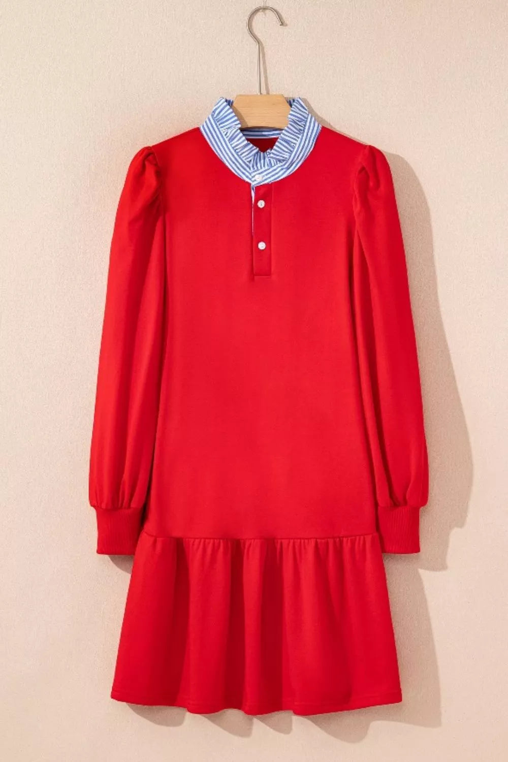 Contrast Striped Collar Patchwork Puff Sleeve Ruffle Hem Mini Dress