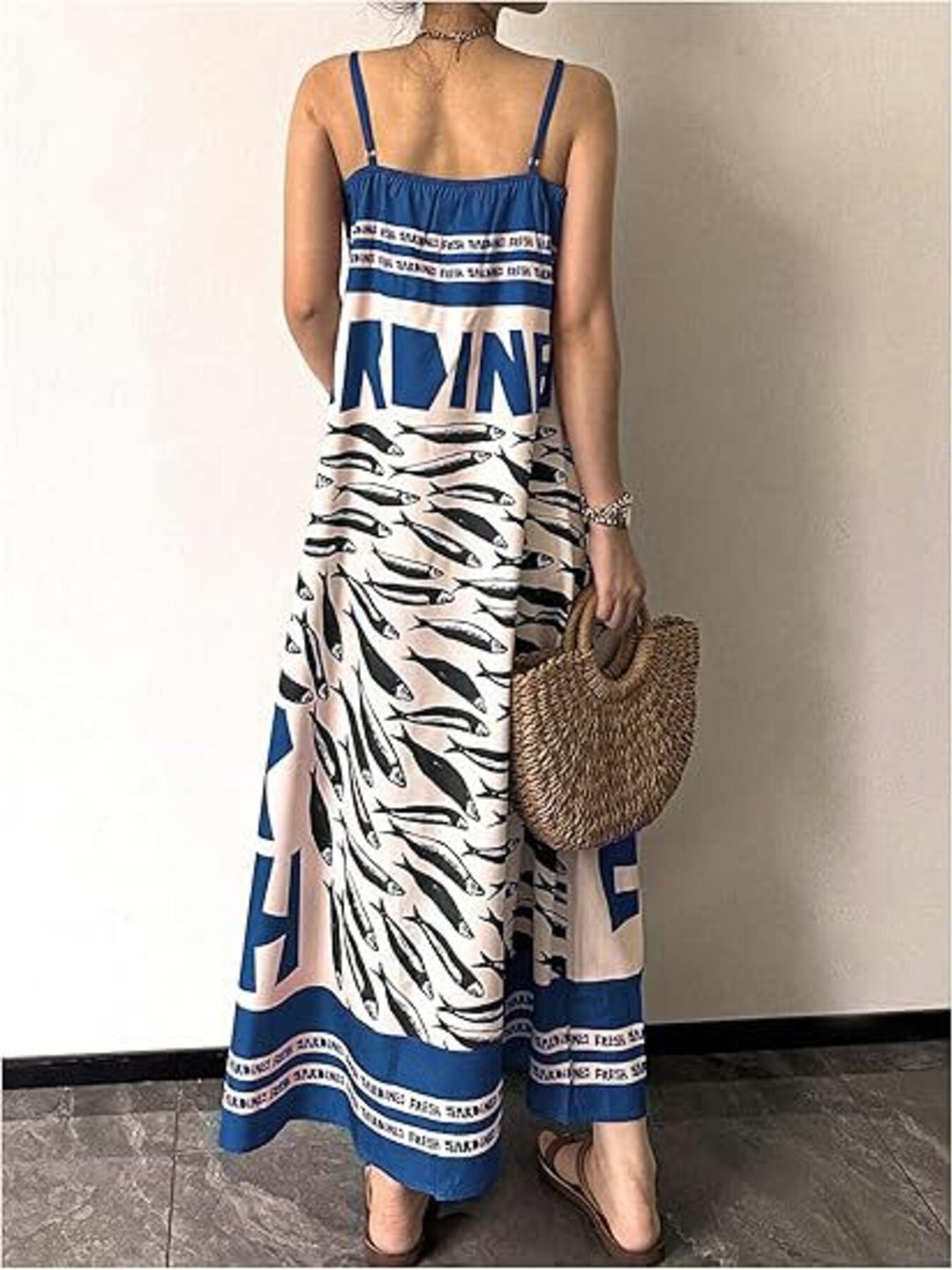 Sardine Print Spaghetti Strap Maxi Dress