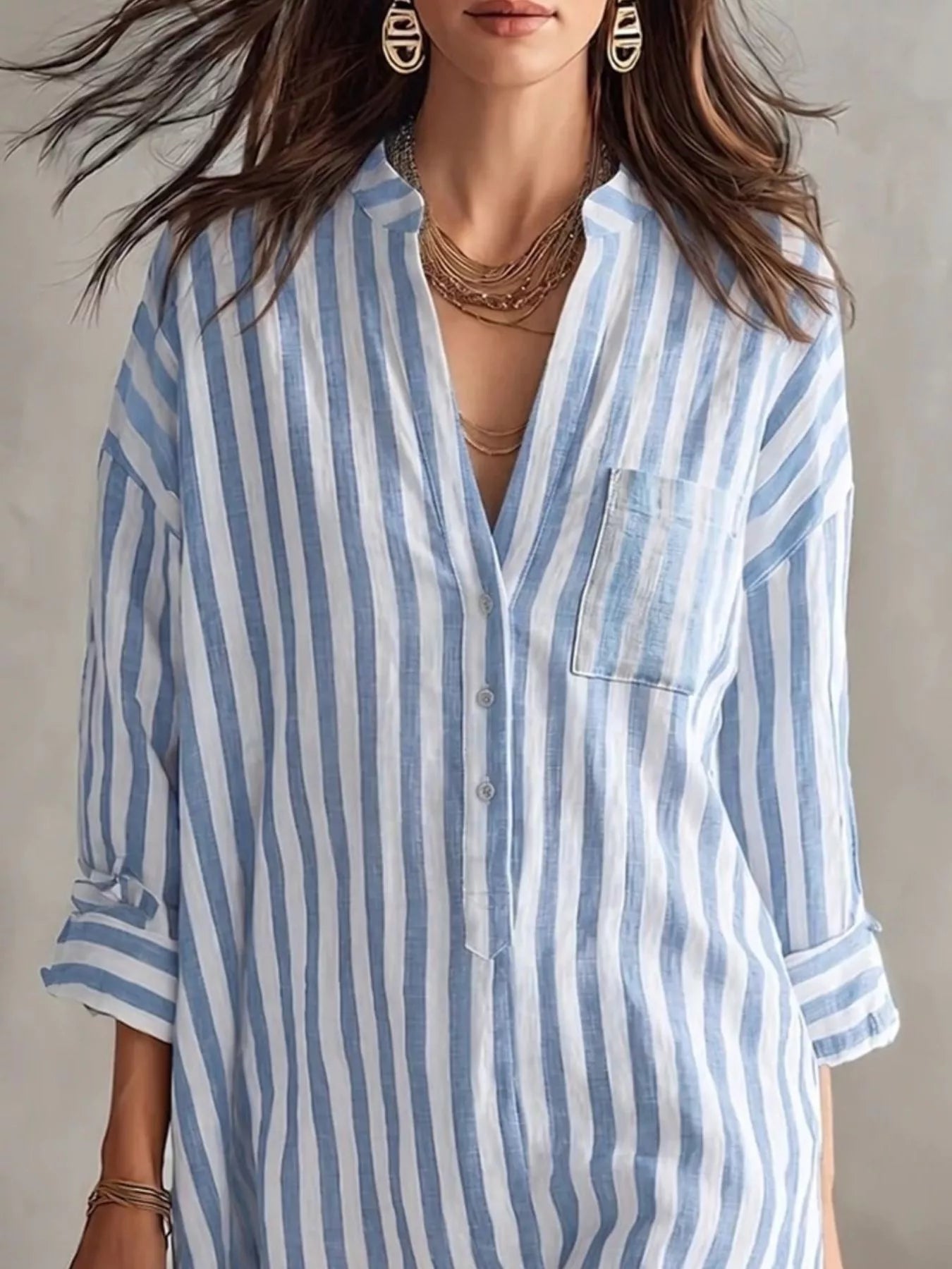 Full Size Striped 3/4 Sleeve Shirt Dress Plus Size