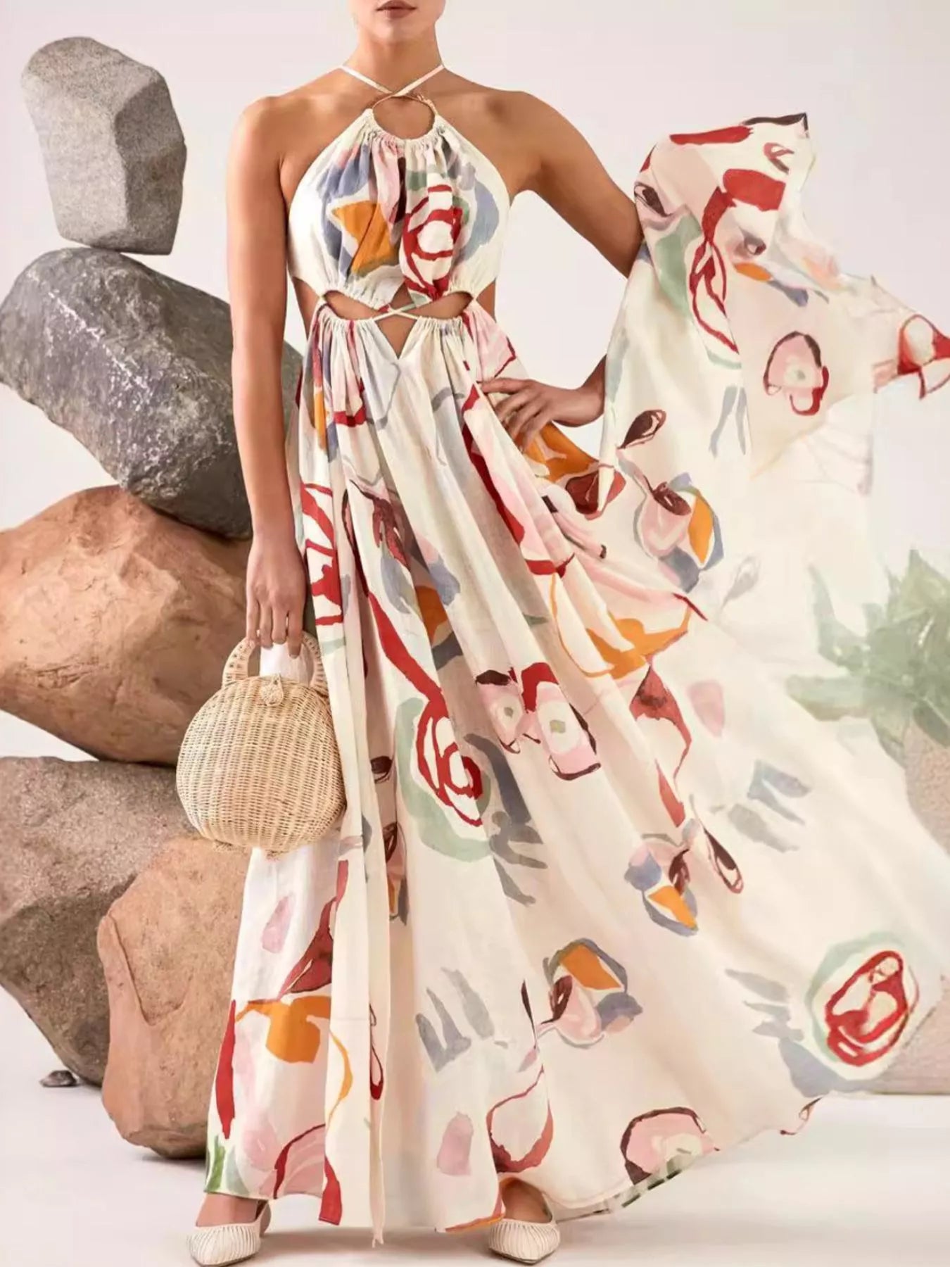 Printed Halter Neck Cut-Out Maxi Dress