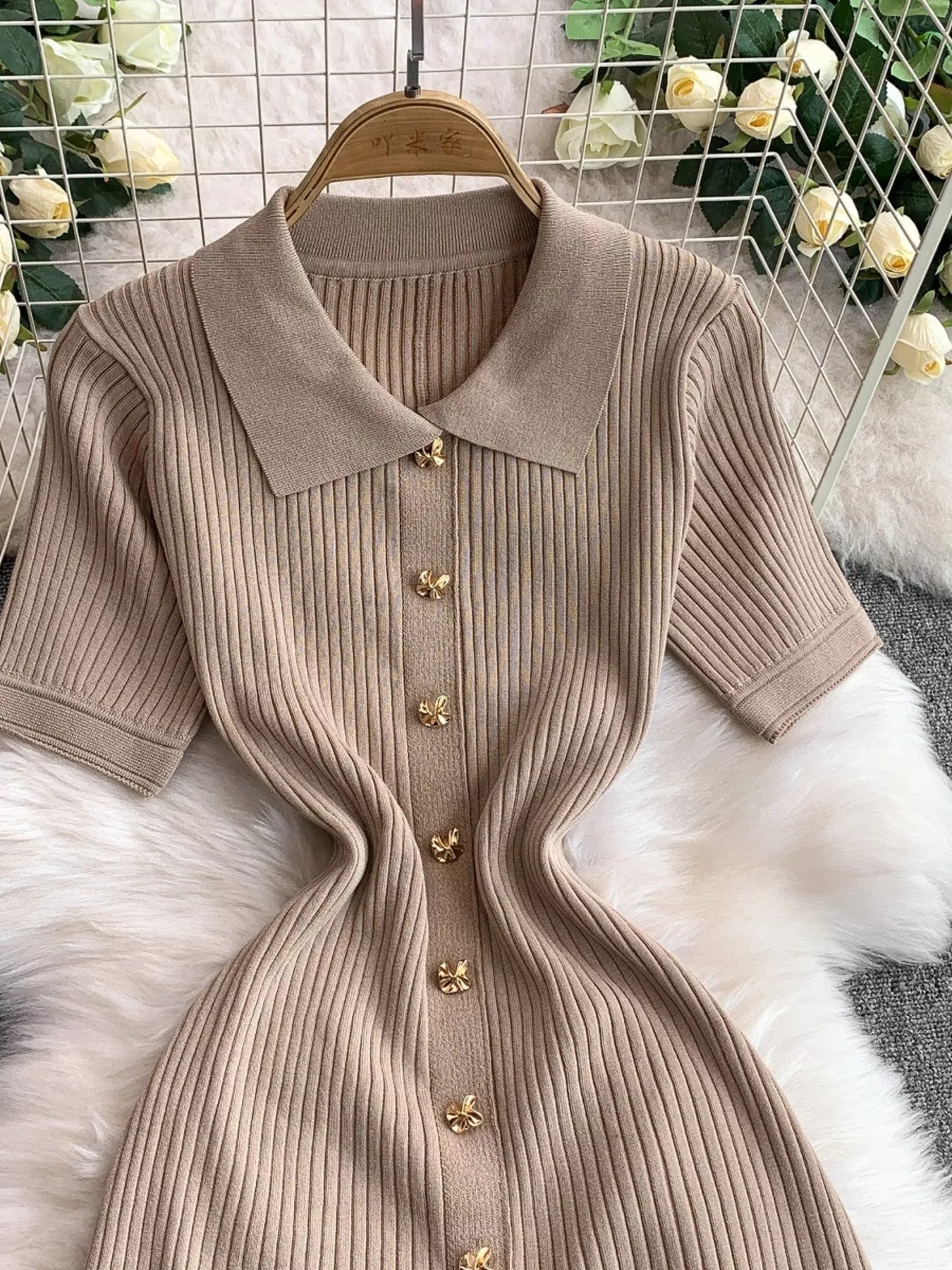 Button Front Ribbed Knit Midi Dress