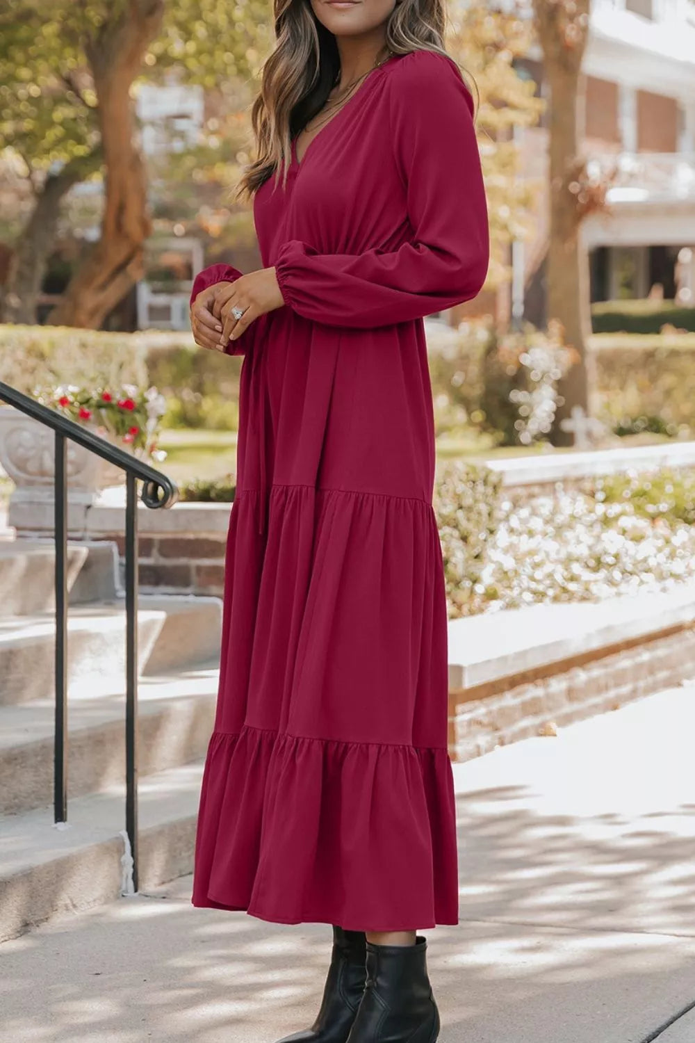 Long Sleeve Button V Neck Tiered Dress
