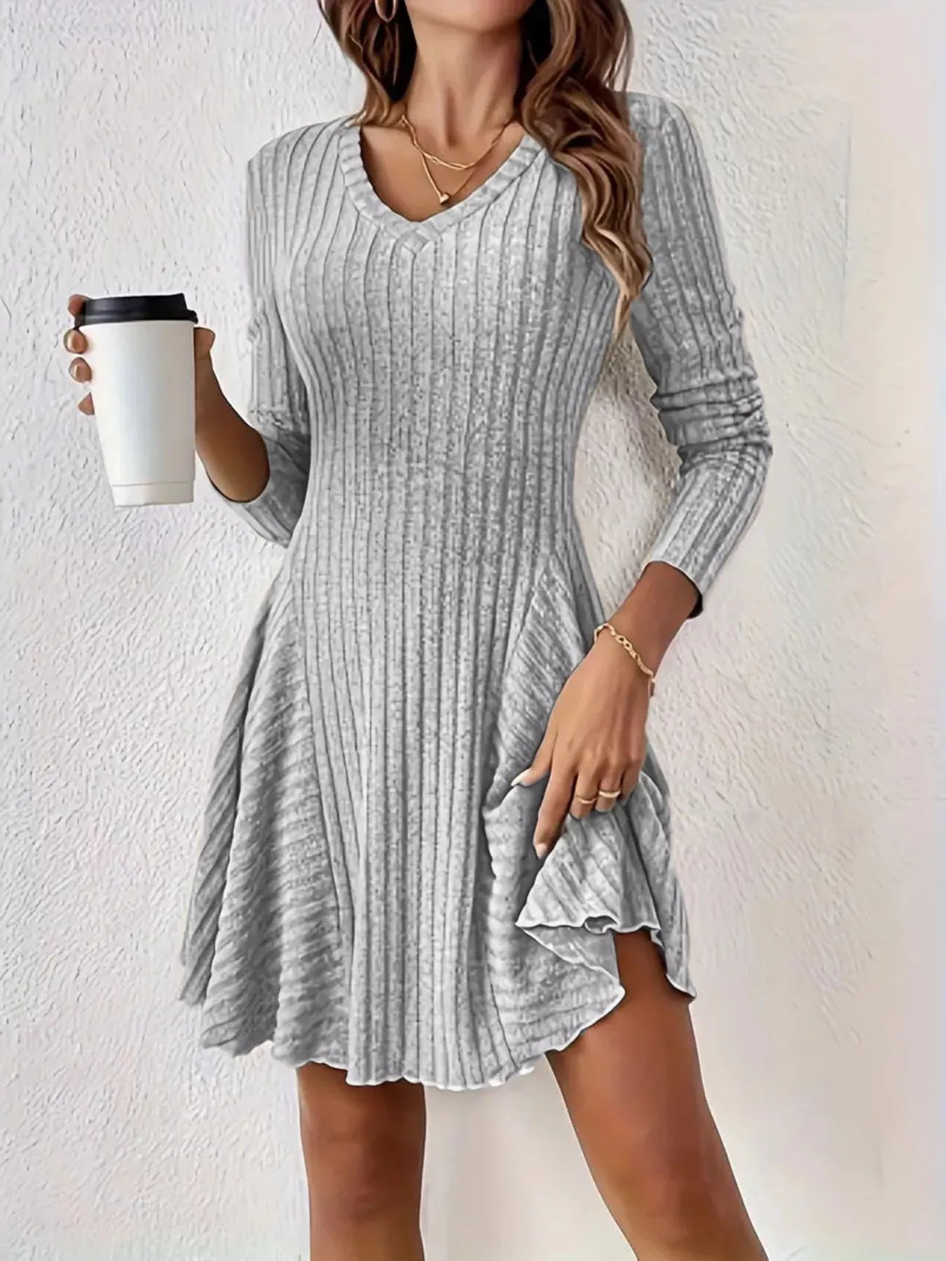 Ribbed Knit Long Sleeve A-Line Dress