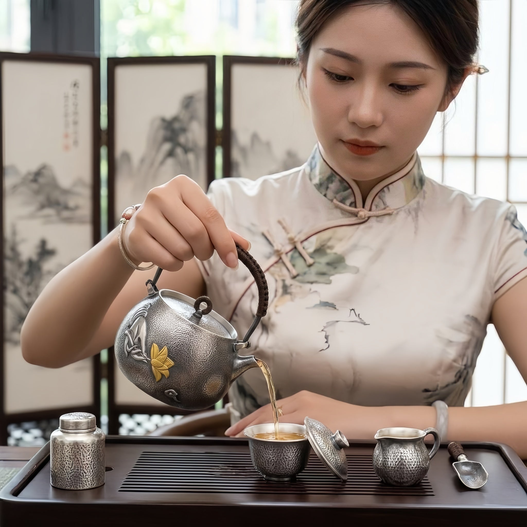 Pure 999 Fine Silver Artisanal Hammered Silver-Finish Teapot with Hand-Carved Gilded Lotus and Woven Rattan Handle - Handicraft