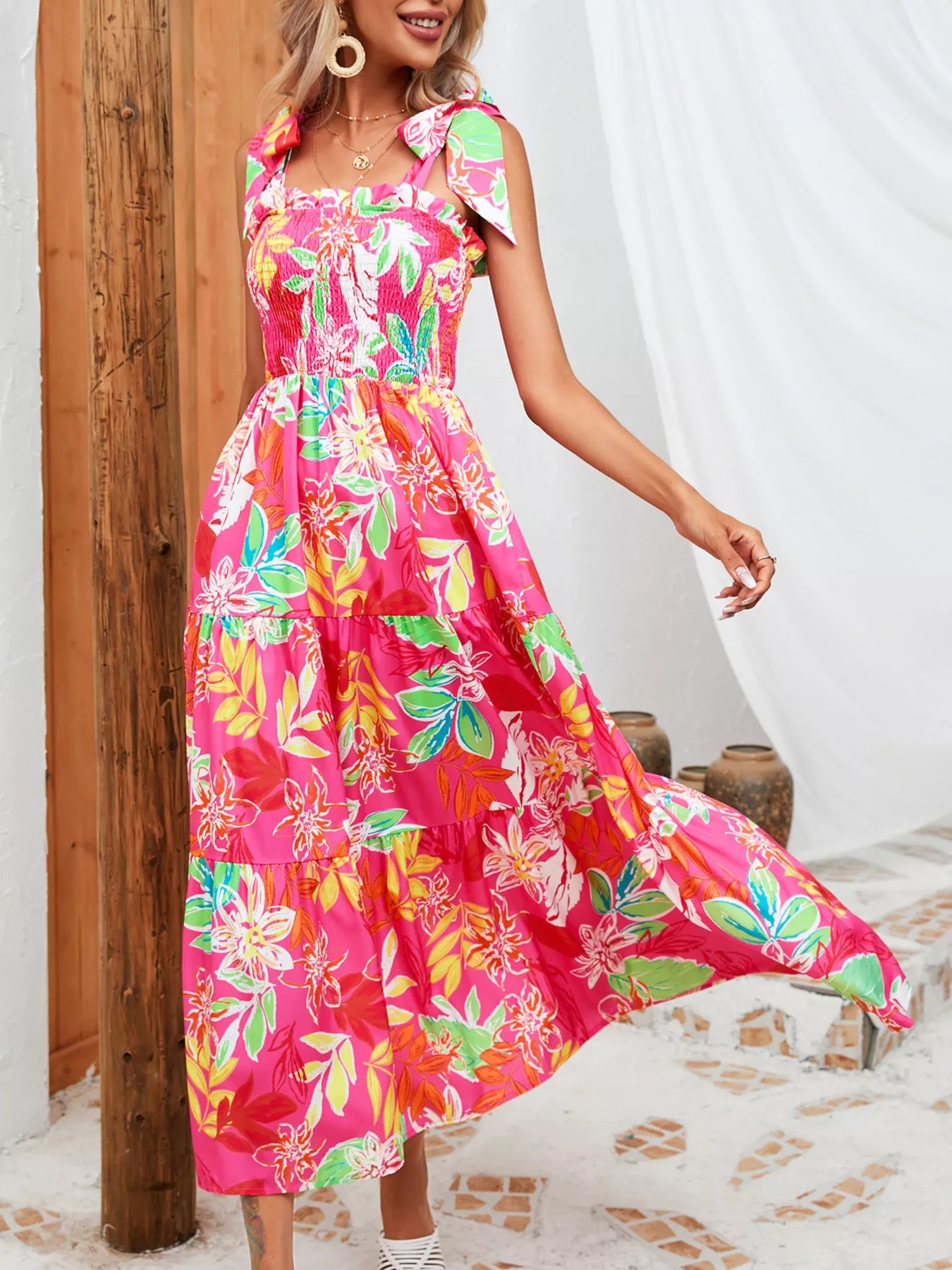 Tropical Print Smocked Tie-Strap Dress