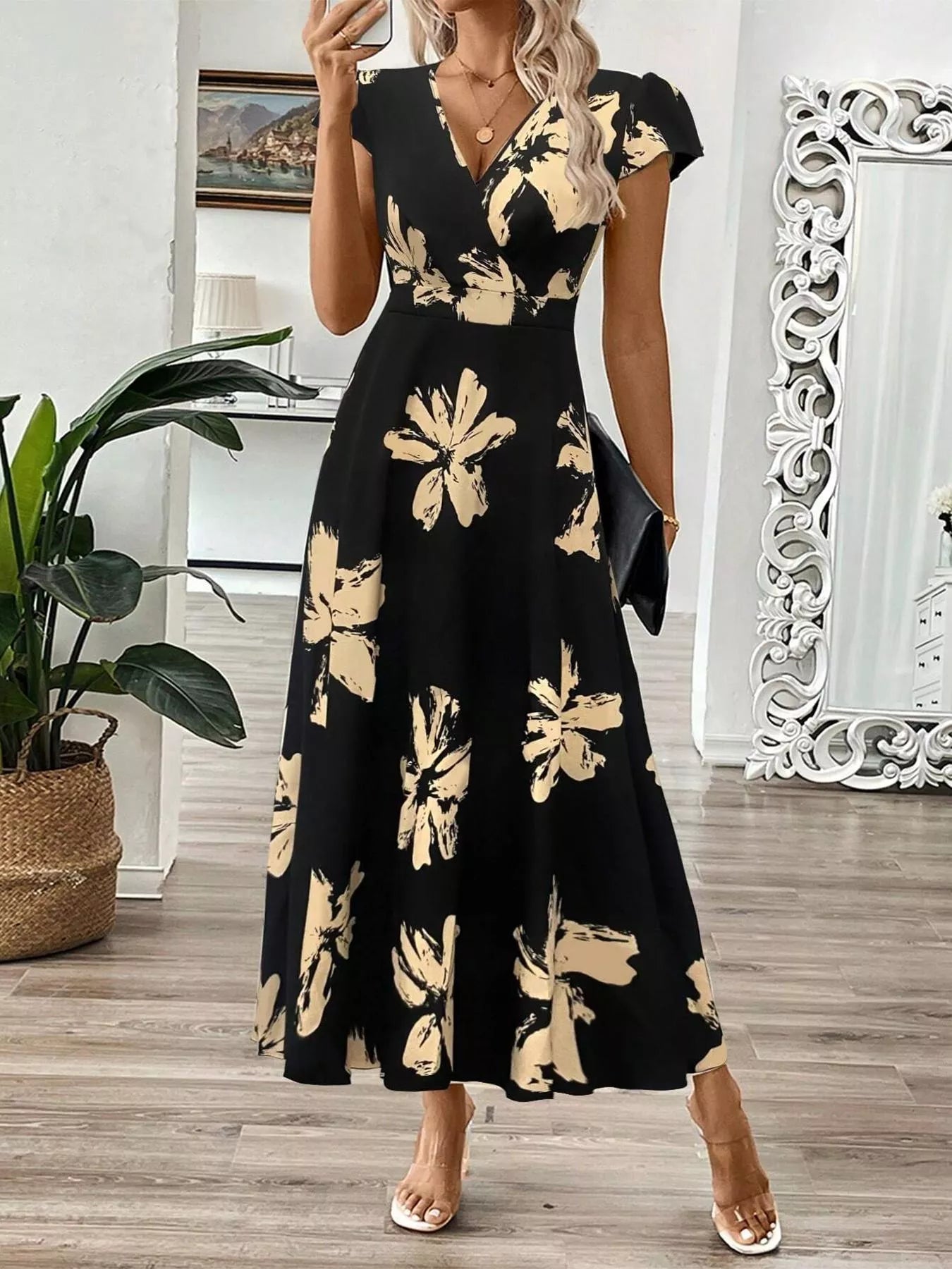Surplice Cap Sleeve Midi Dress