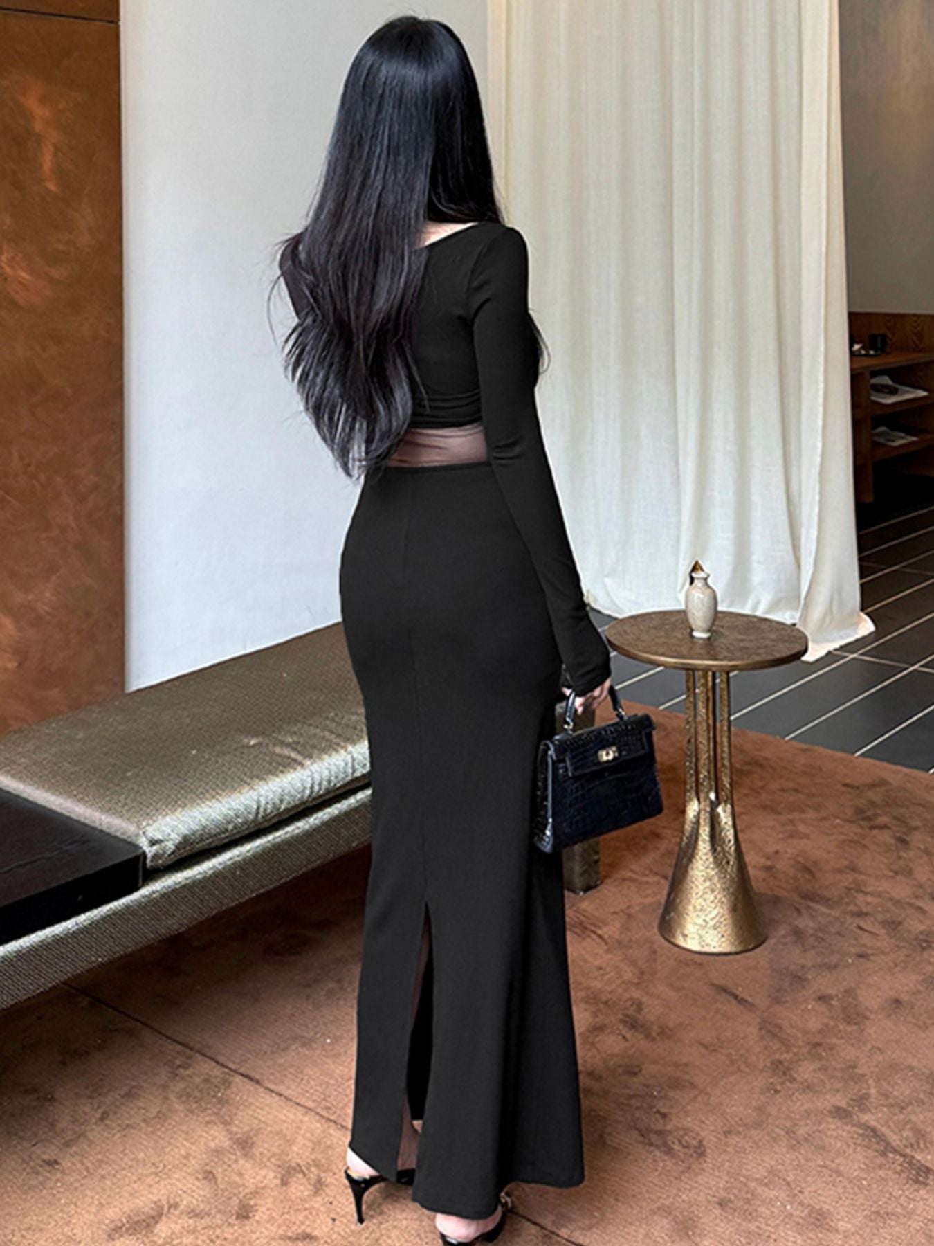 Sheer Mesh Panel Long Sleeve Maxi Dress