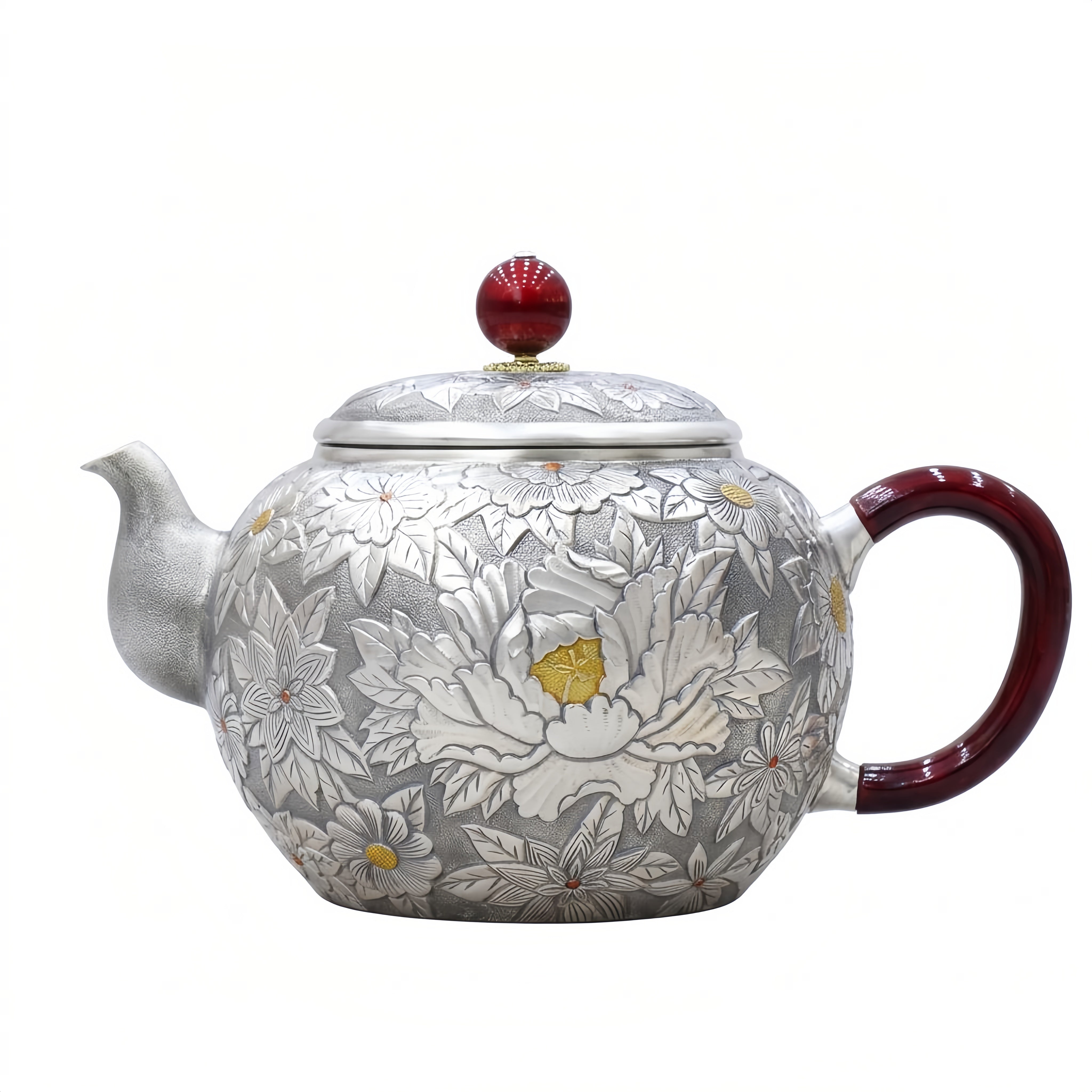 925 Sterling Silver Artisan Handcrafted Silver Teapot with Elegant Peony Engravings and Red Crimson Accents - Handicraft
