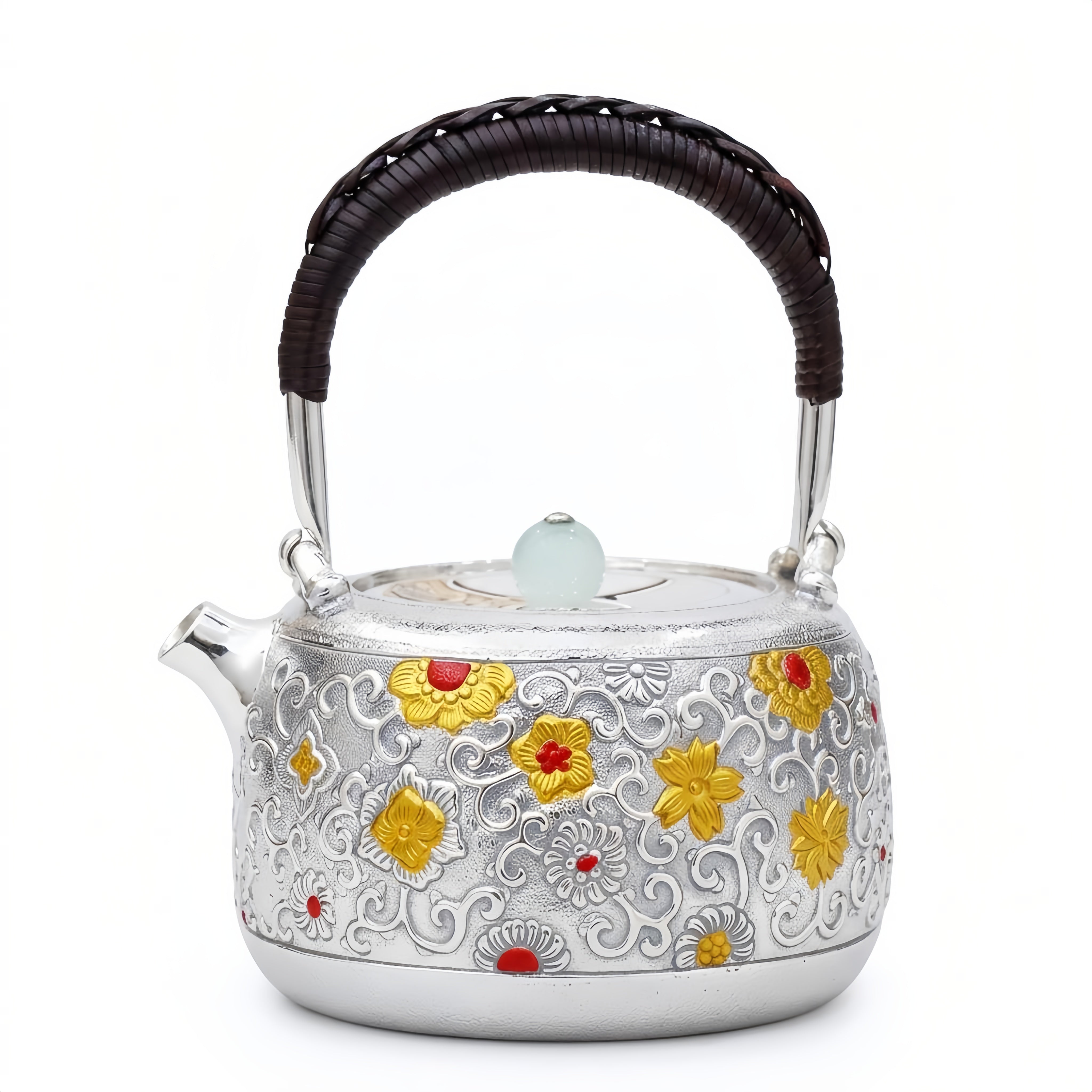 Pure 999 Fine Silver Ornate Handcrafted Silver Teapot Featuring Intricate Floral Relief and Woven Handle - Handicraft