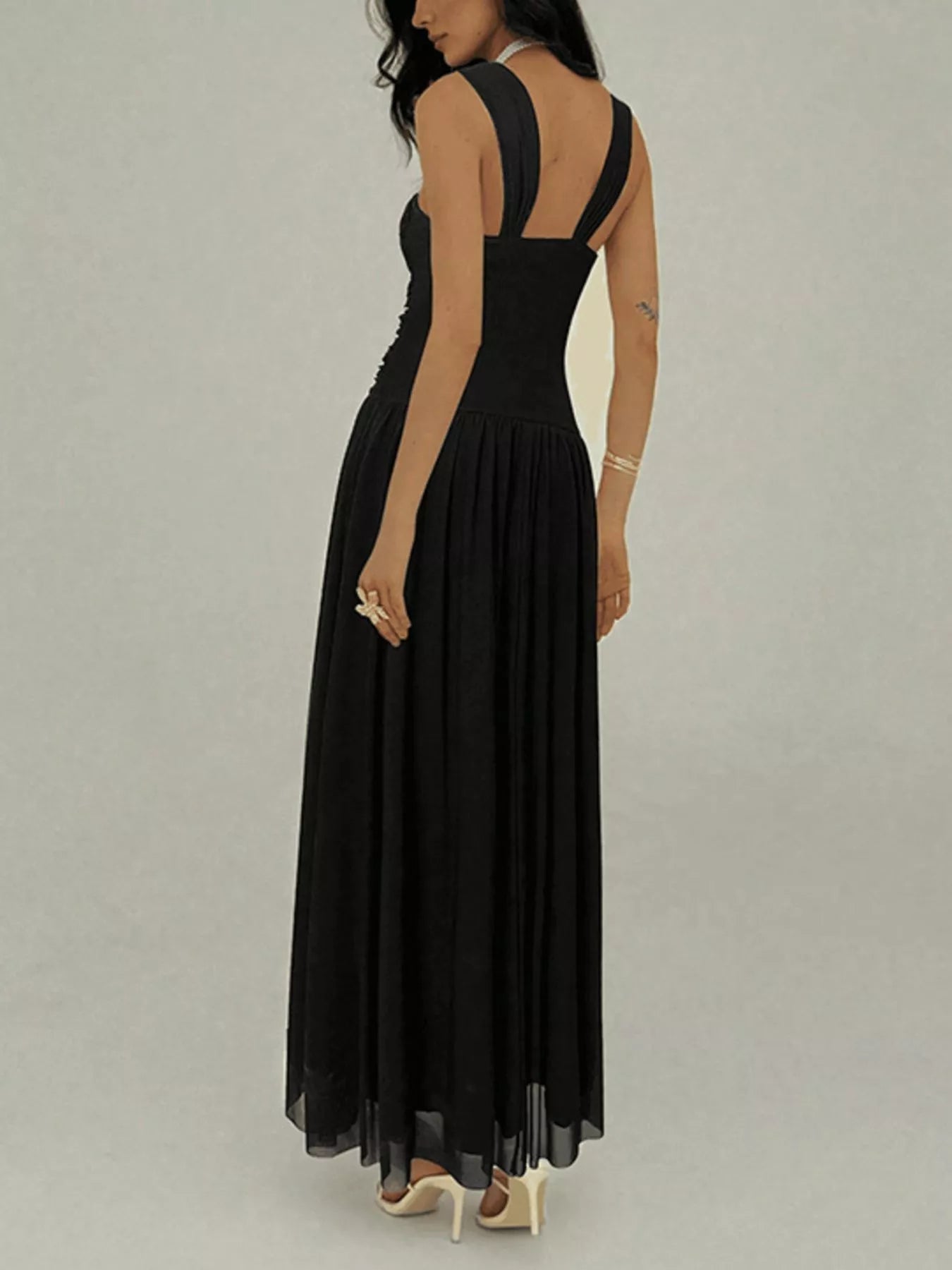 Ruched Sleeveless Maxi Dress with Embellishments