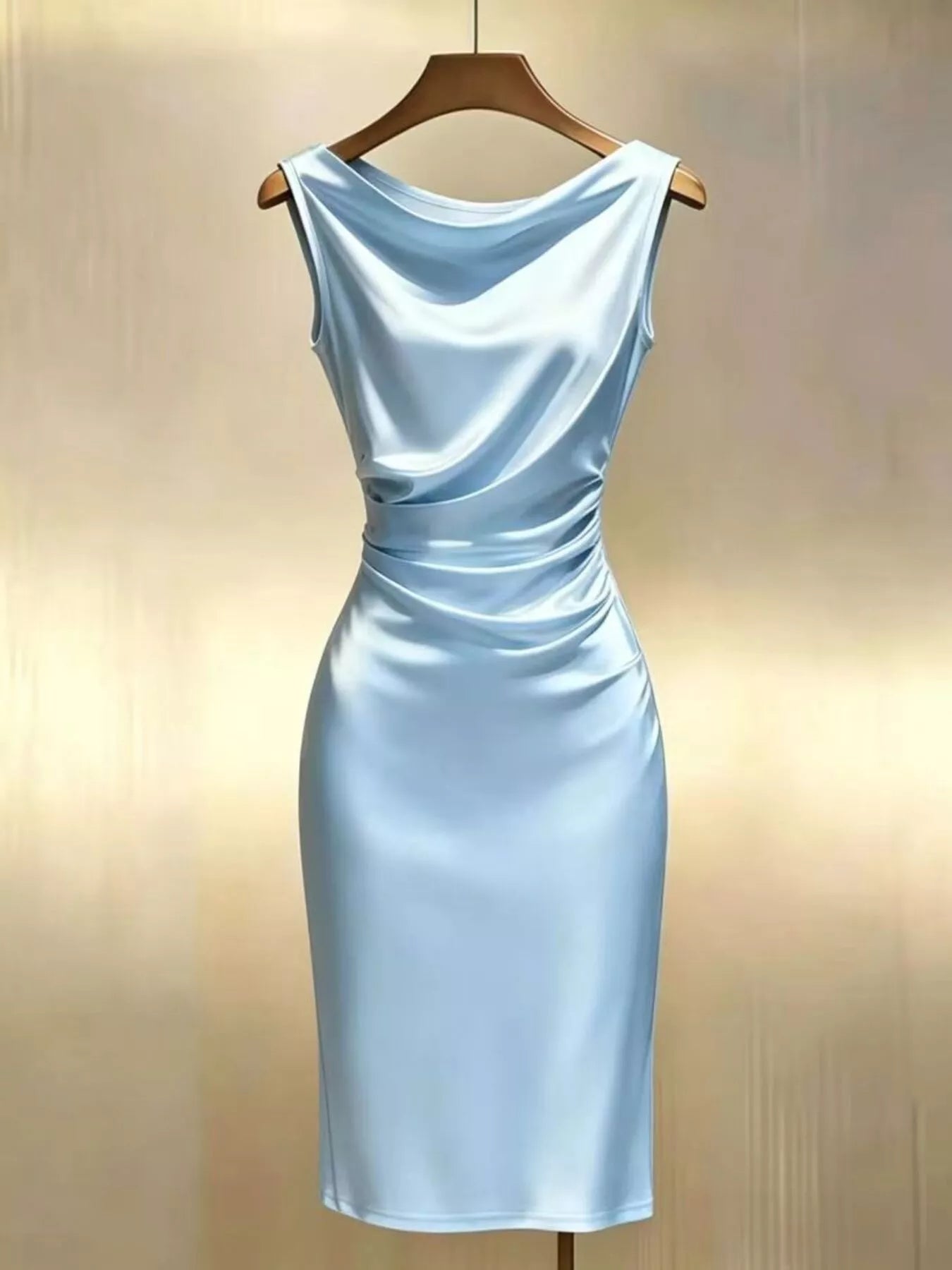 Satin Cowl Neck Ruched Sleeveless Dress