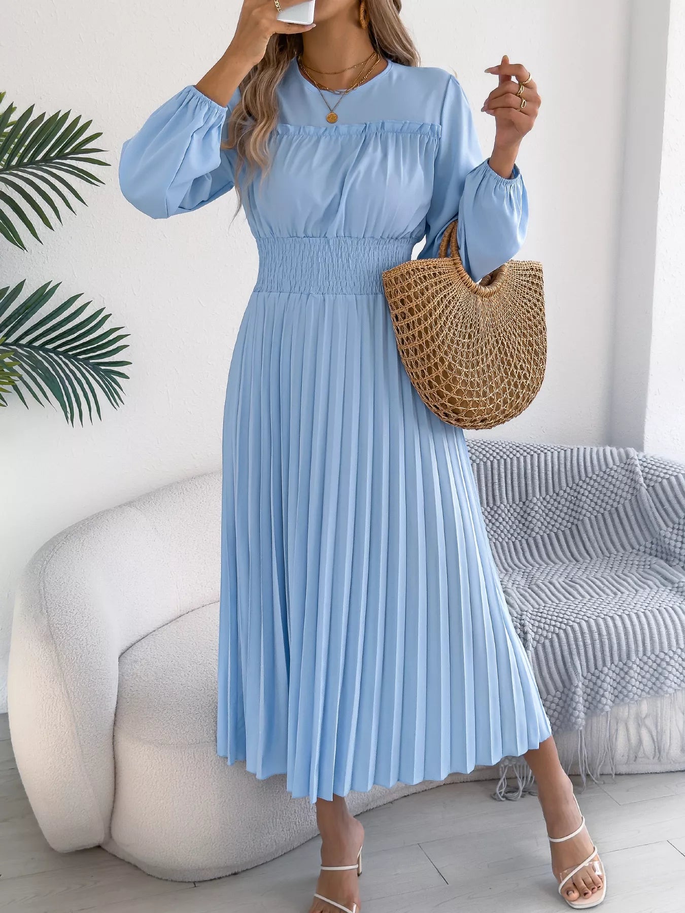 Smocked Pleated Long Sleeve Midi Dress